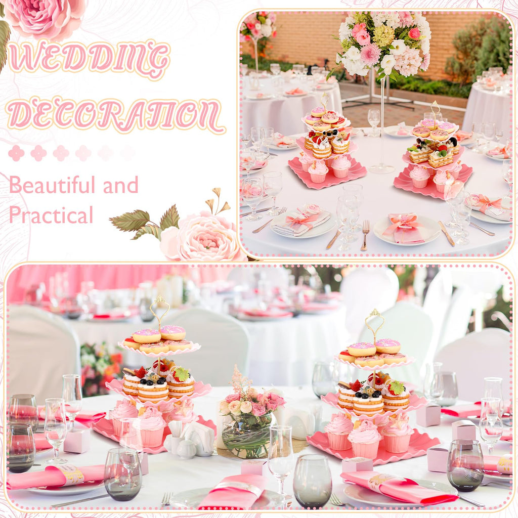 Dessert 2 Pack 3 Tier Cupcake Stand Pink Plates Plastic Square Tiered Serving Stand Display Tower