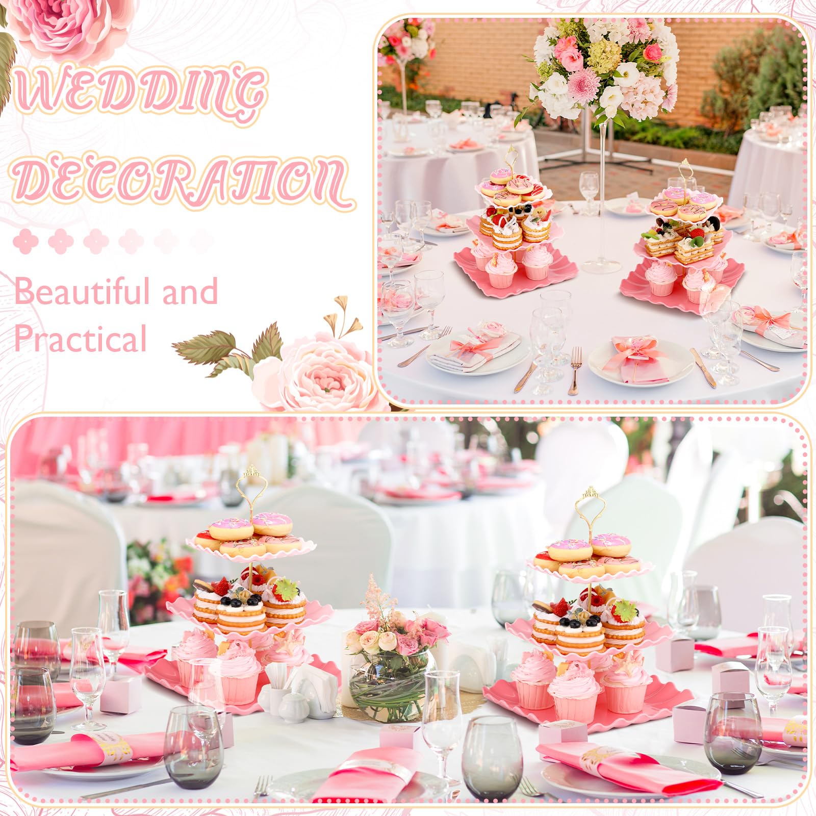 Dessert 2 Pack 3 Tier Cupcake Stand Pink Plates Plastic Square Tiered Serving Stand Display Tower