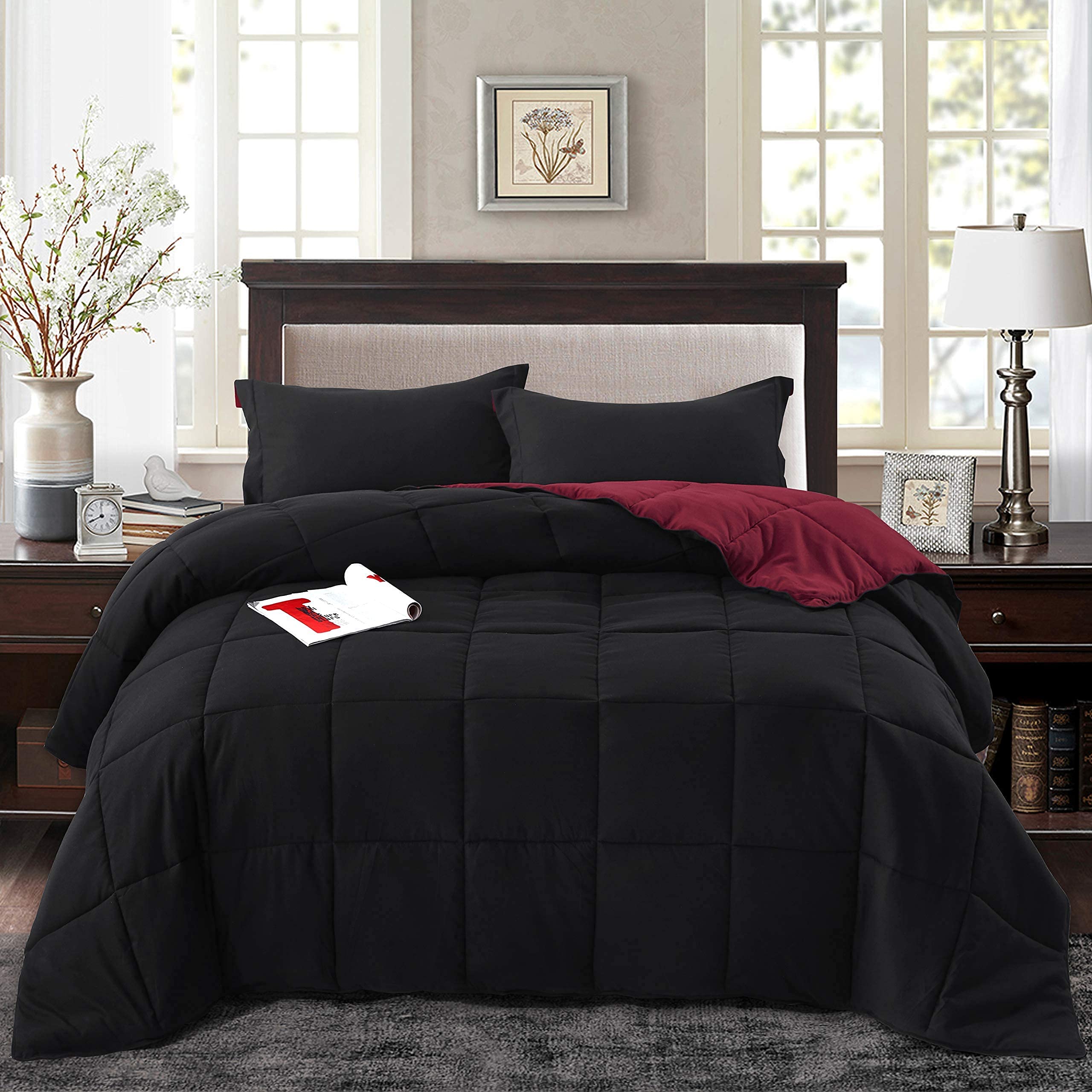 Reversible Down Alternative Comforter with Two Shams - Quilted Duvet Insert with Corner Tabs - Box Stitched Blanket - Super Soft, Fluffy