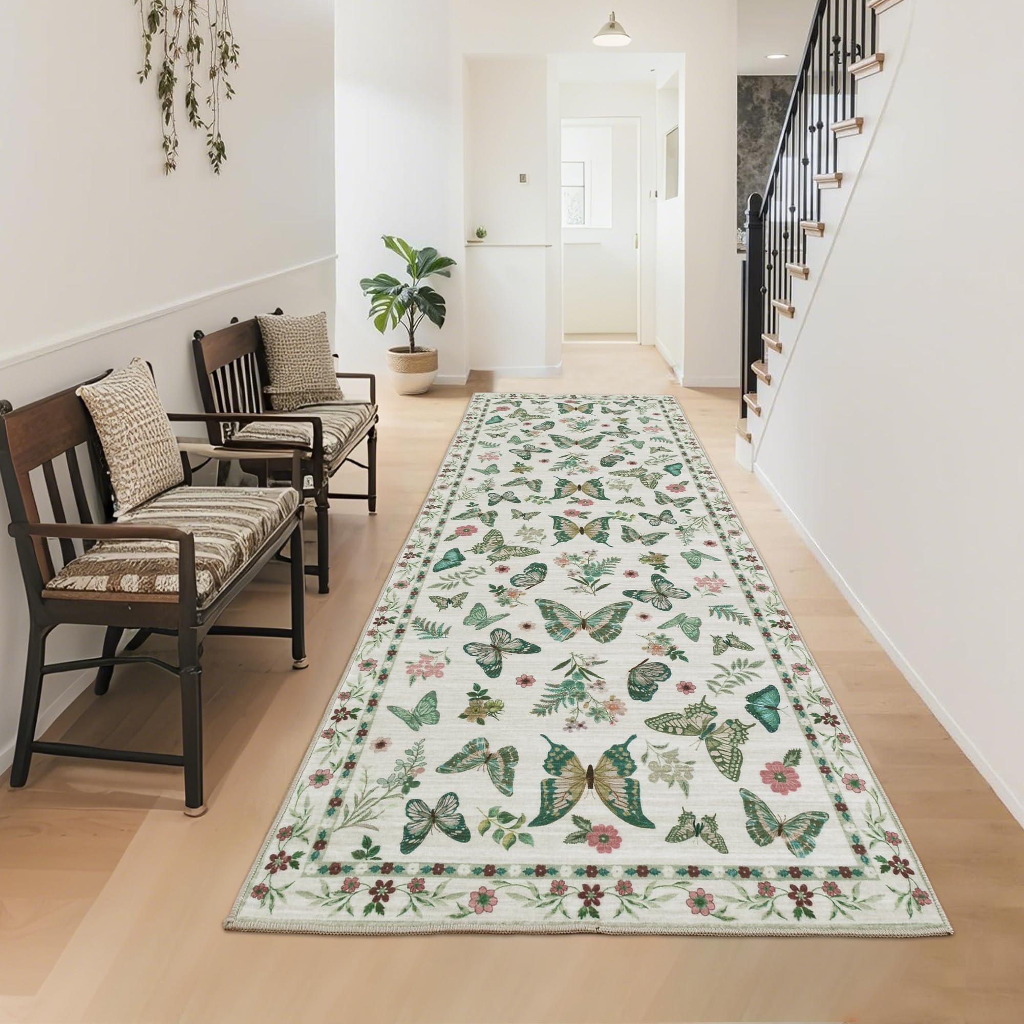 Insect Floral Area Rug, Machine Washable Area Rug Non-Slip Low Pile Large Bedroom Rug Stain Resistant Throw Rug Carpet