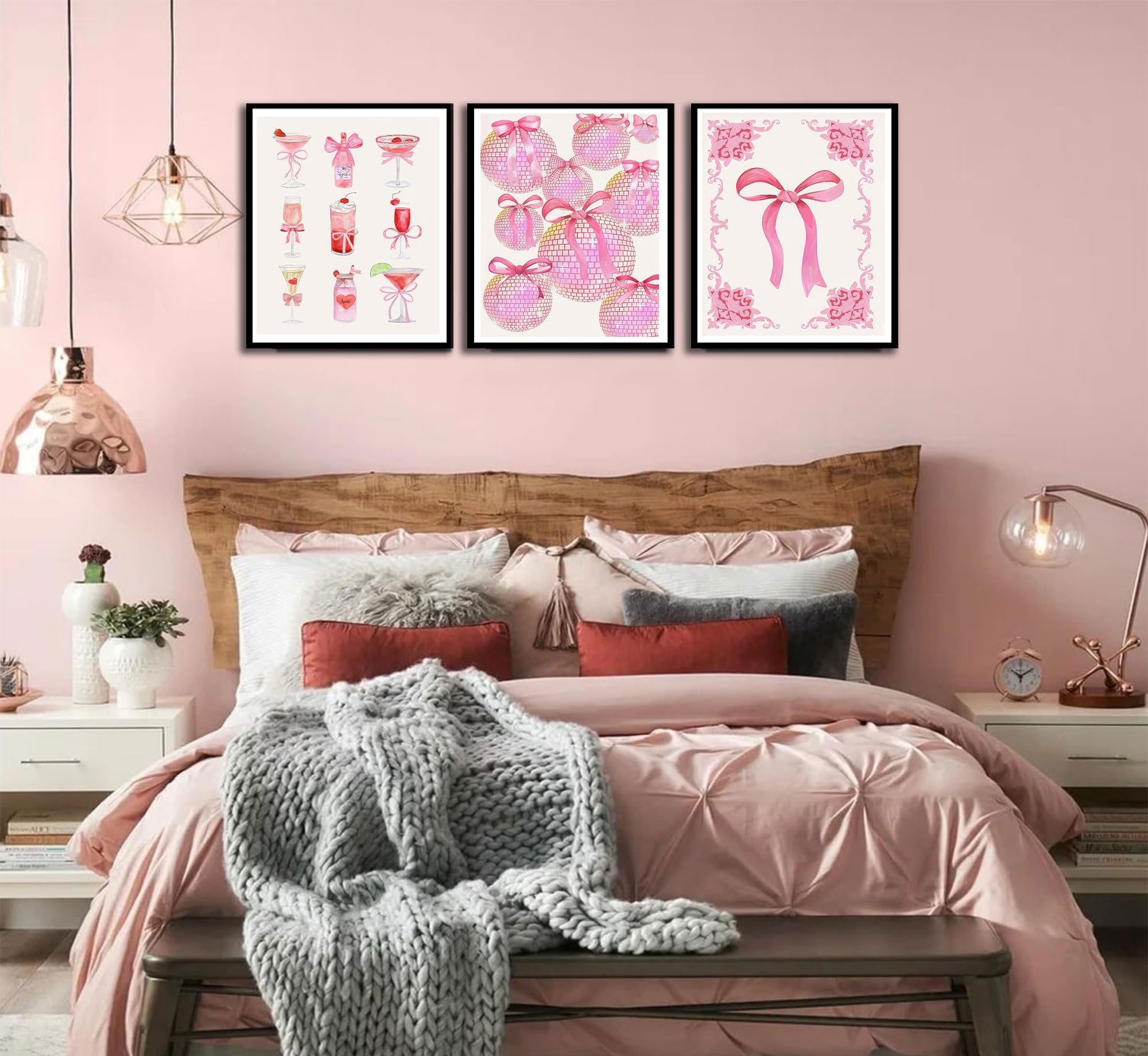 Pink Bows Canvas Wall Art Trendy Coquette Bow Cute Cat Wall Decor