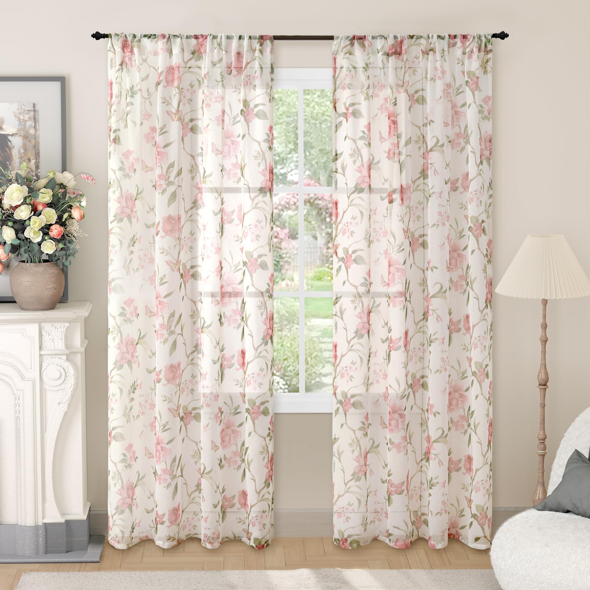 Floral Sheer Curtains, Vintage Light Filtering Semi-Sheer Linen Curtains