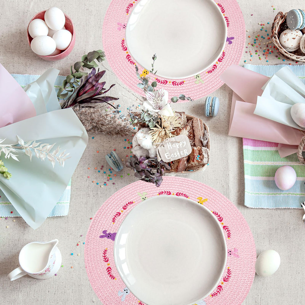 Whaline 4Pcs Round Placemats Pink Bow Embroidered Place Mats Coquette Bow Dinner Table Mats for Home Wedding Baby Shower Birthday Party Decor