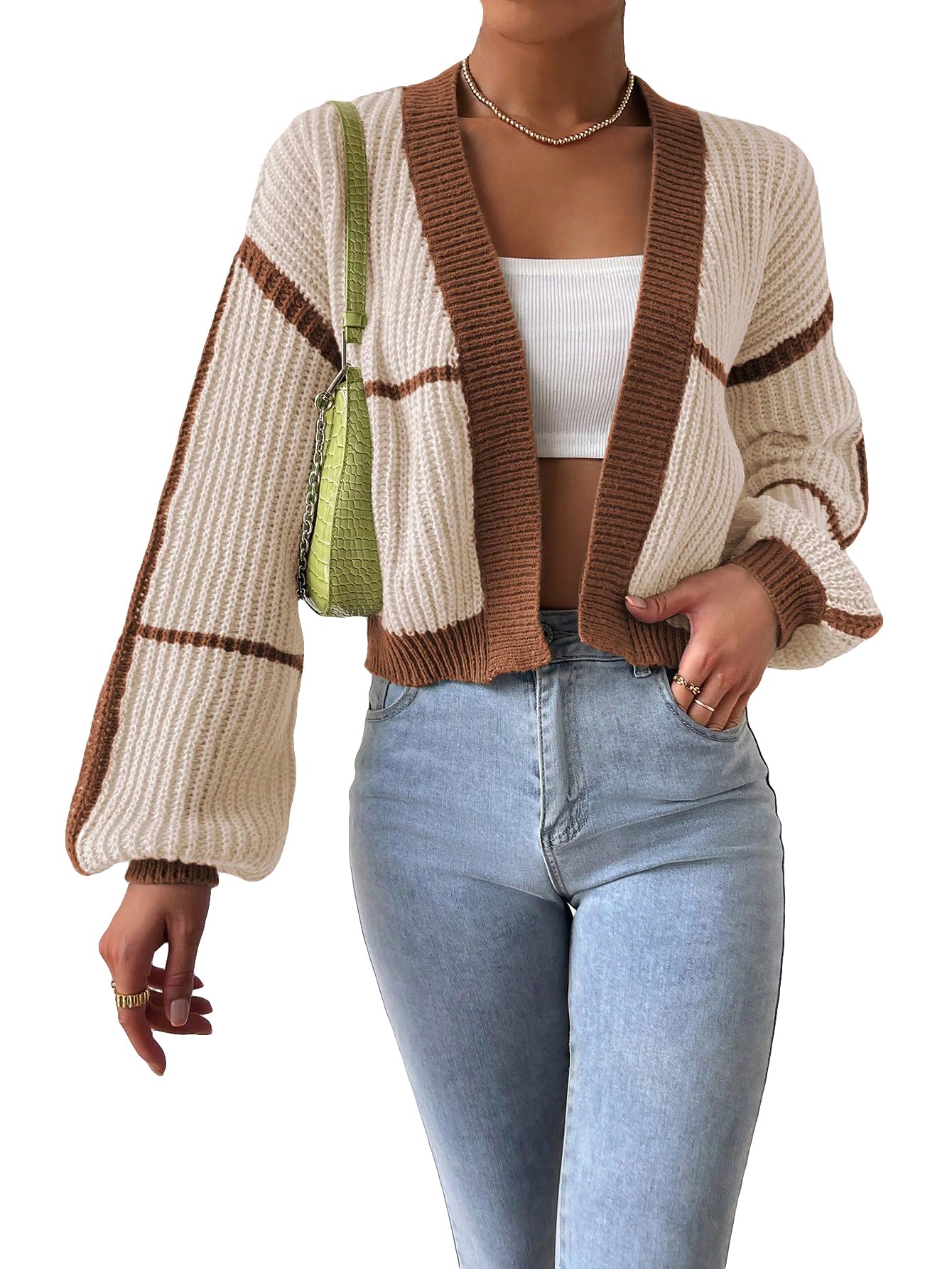 Women's Color Block Crop Cardigan Top Bishop Long Sleeve Open Front Sweater