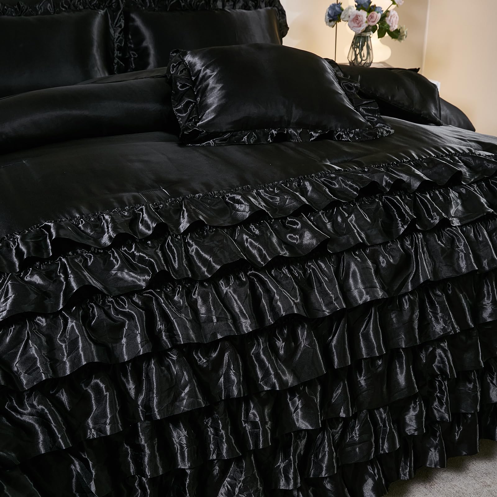 Ruffle Comforter Set 8 Pieces Satin Comforter Set with Sheet Set - Waterfall Ruffle Design Luxurious Silky Comforter Set