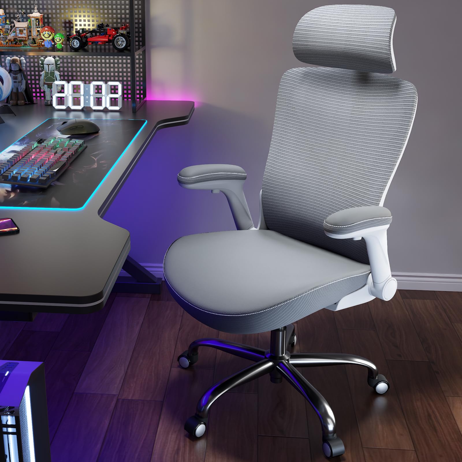 Ergonomic Desk Chair-Computer X-Shaped Chair Mesh PU Leather with Adjustable Lumbar Support-Executive Chair High Back with Headrest Flip-Up Arms for Long Hours