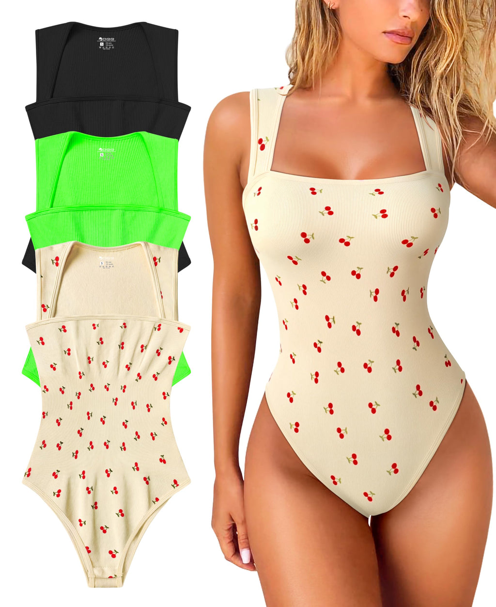 Women's 3 Piece Bodysuits Sexy Ribbed Strappy Square Neck Sleeveless Tummy Control Tank Tops Bodysuits