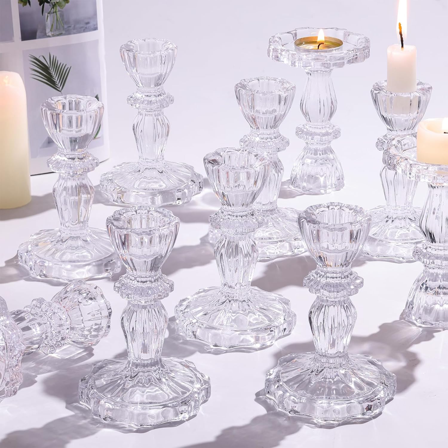 Taper Candle Holders, Candlestick Holders, Glass Candle Holder - Vintage Flower Design Candle Holders 12pcs