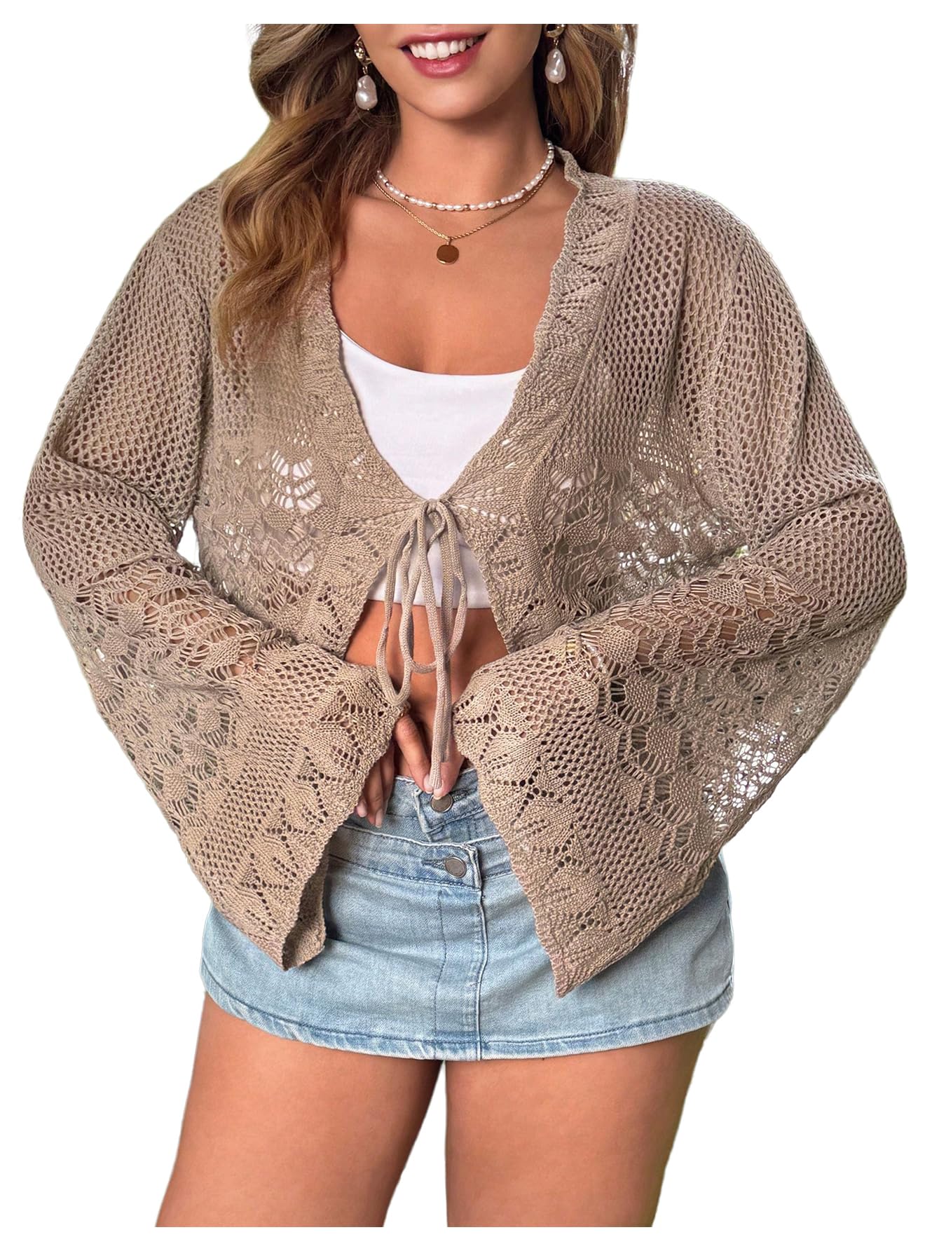 Women's Plus Size V Neck Long Flounce Sleeve Tie Front Knit Crop Cardigan