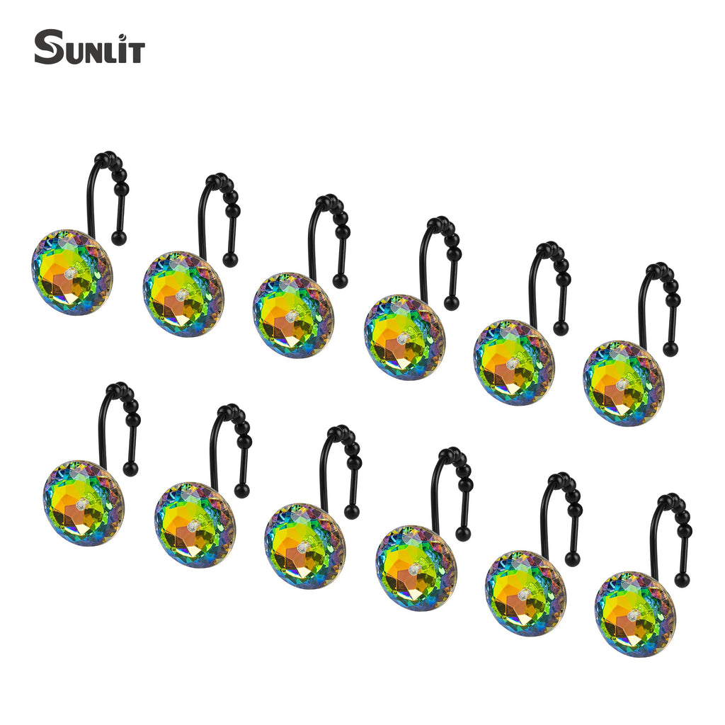 Luxury Design Round Diamond Crystal Gem Bling with Glide Balls Shower Curtain Hooks, Rust Proof Metal Rhinestones Glam Shower Curtain Rings-12 Pack