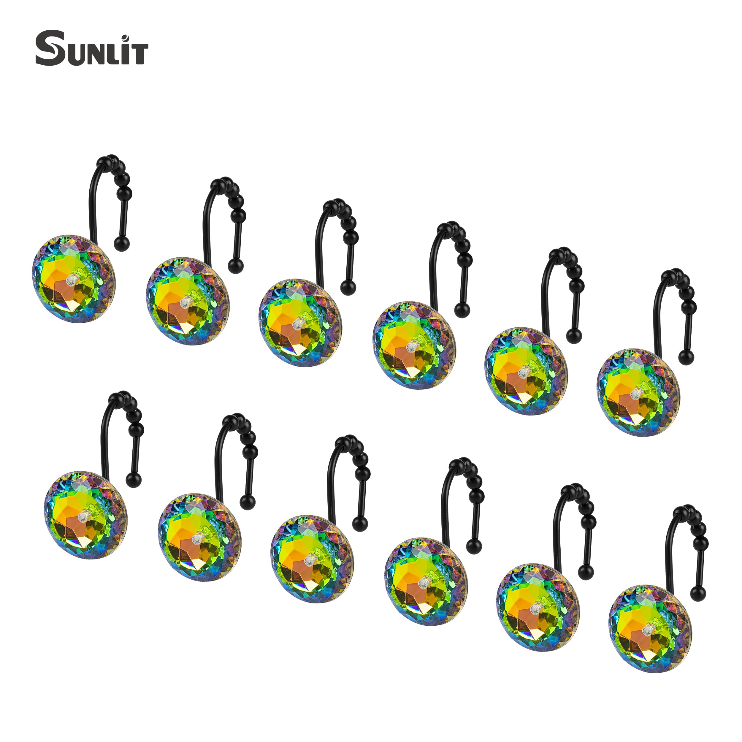 Luxury Design Round Diamond Crystal Gem Bling with Glide Balls Shower Curtain Hooks, Rust Proof Metal Rhinestones Glam Shower Curtain Rings-12 Pack