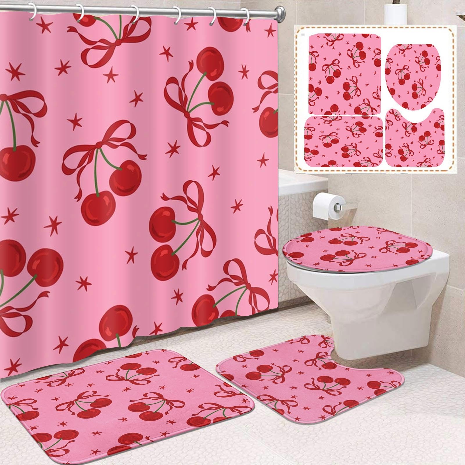 Vintage 4 Pcs Bathroom Sets with Shower Curtain and Rugs, Shower Curtain Sets for Bathroom Decor with 12 Hooks