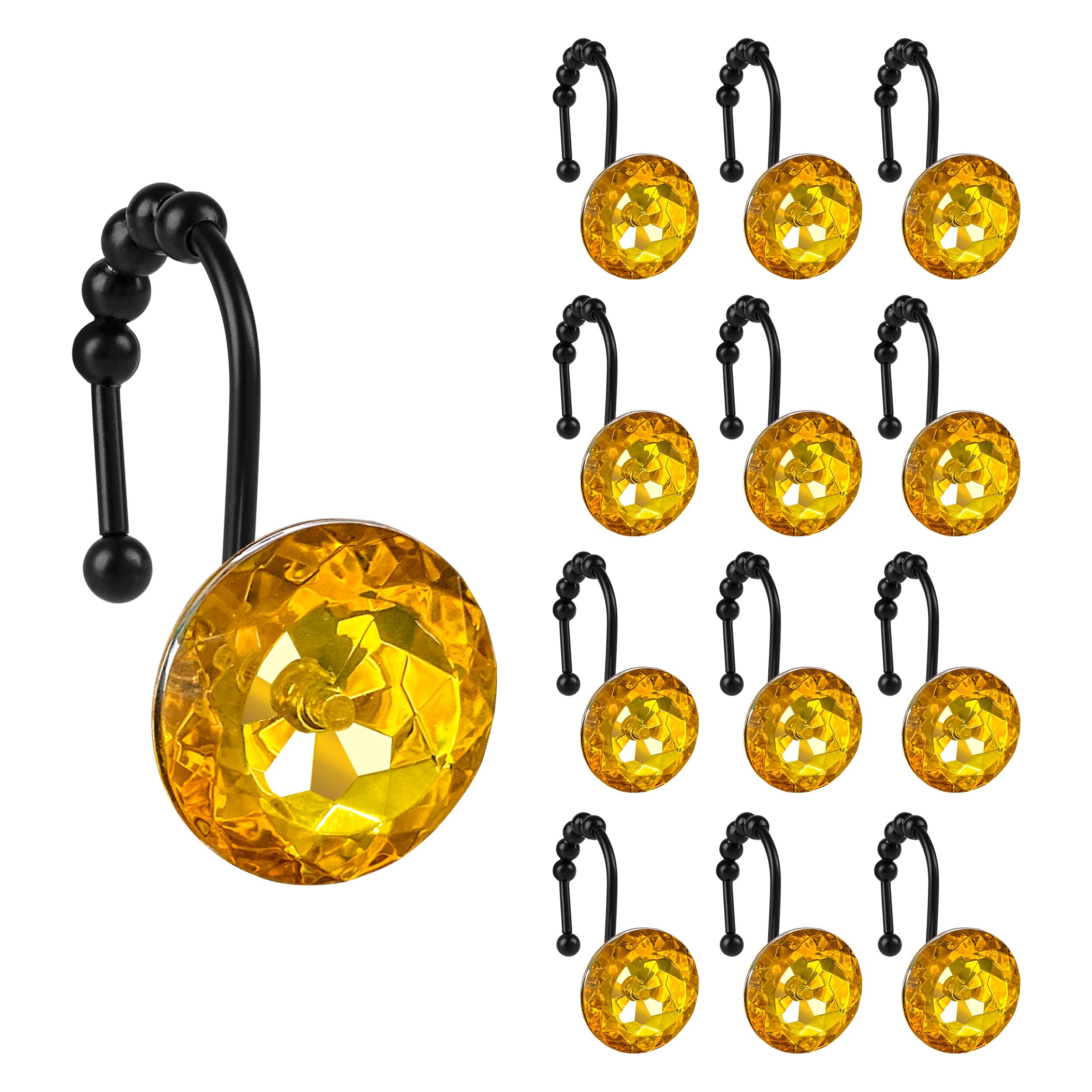 Luxury Design Round Diamond Crystal Gem Bling with Glide Balls Shower Curtain Hooks, Rust Proof Metal Rhinestones Glam Shower Curtain Rings-12 Pack