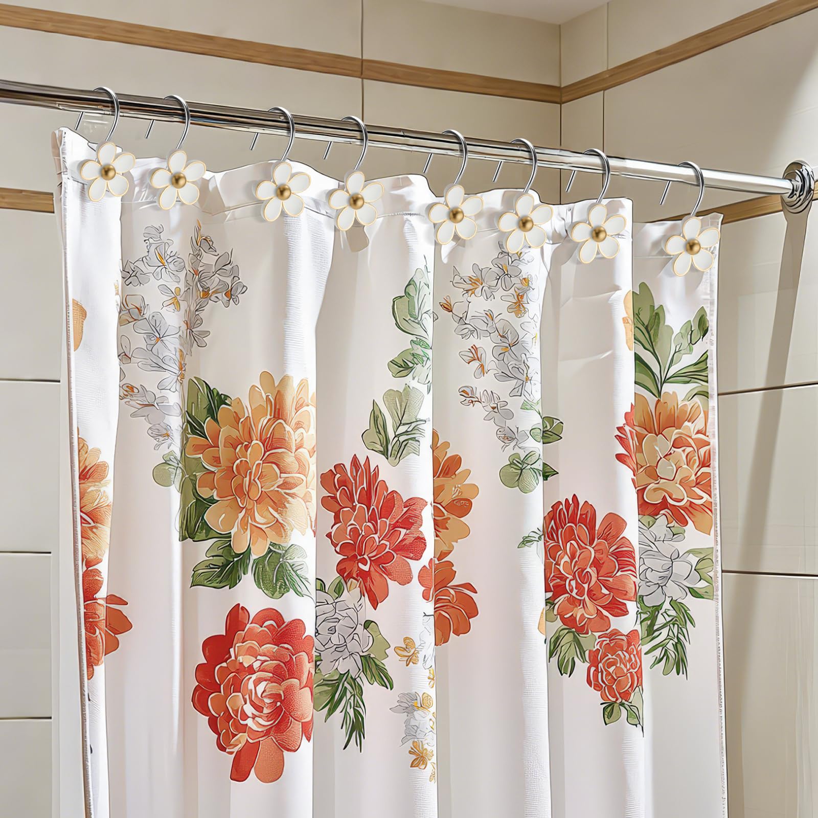 Cute Flower Shower Curtain Hooks, Pretty Floral Themed Elegant Bathroom Decor