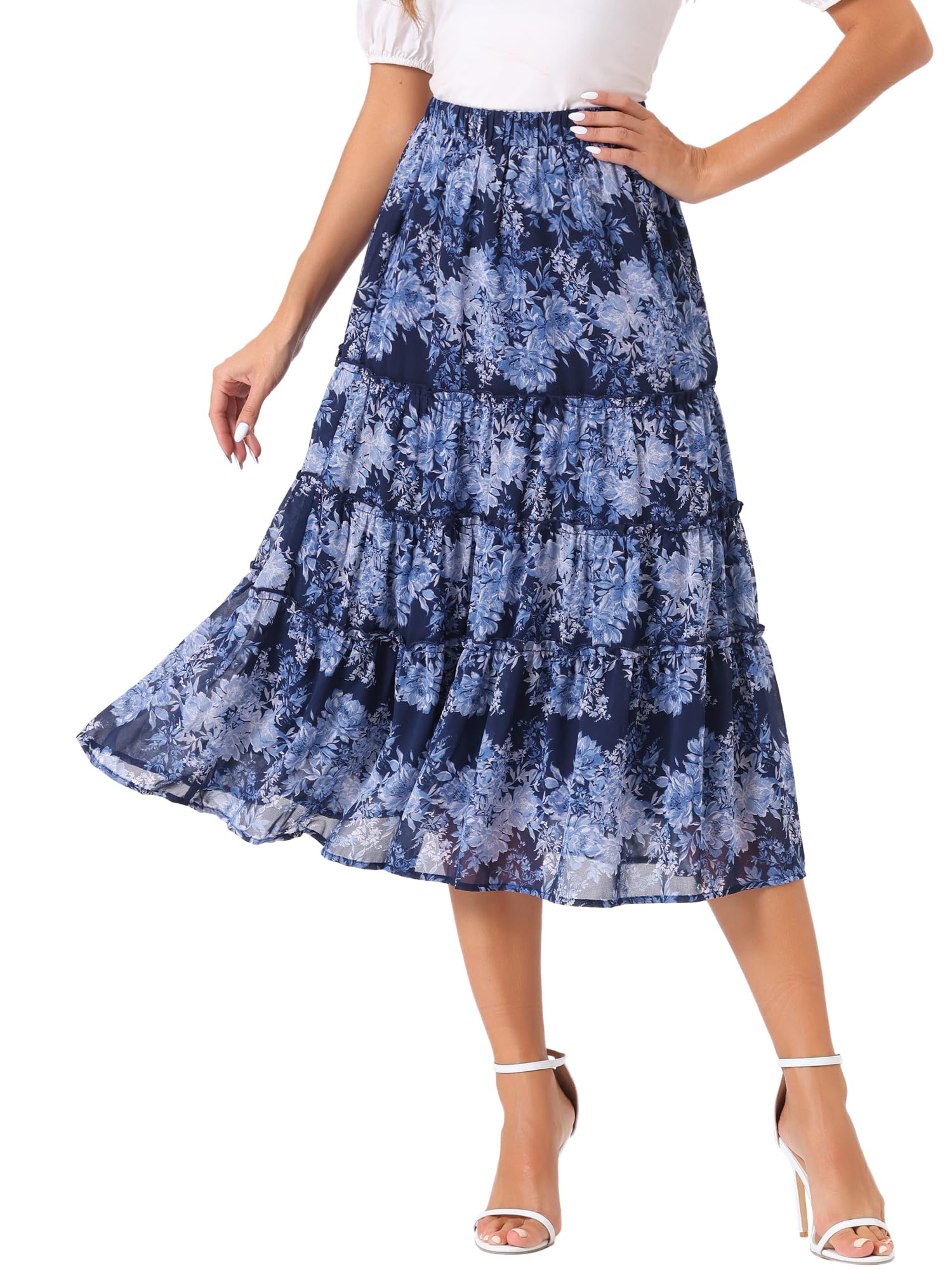 Women's Floral Skirt Chiffon A-line Long Tiered Ruffle Boho