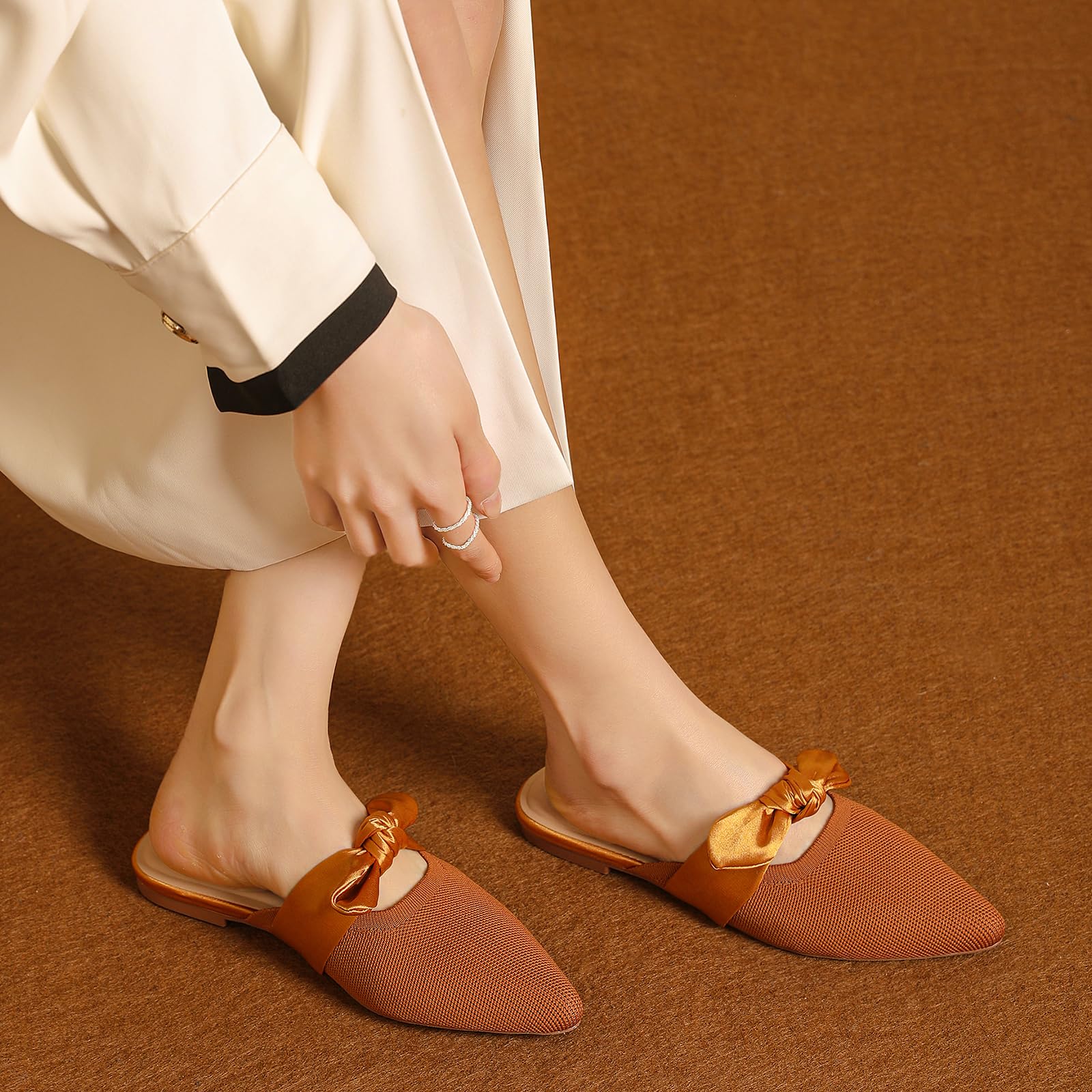 Knotbow Mules for Woman Pointed Toe Flats Bow Mules Slip On Slides Flats Shoes Women Dressy Comfortable