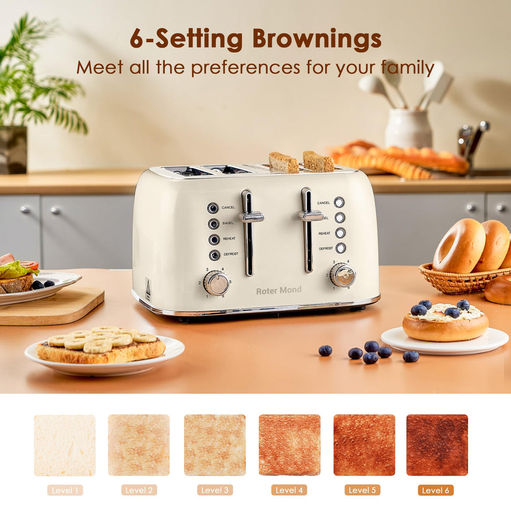 Toaster 4 Slice Retro Stainless Steel with Extra Wide Slots, Reheat Function, Dual Independent Control Panel, Removable Crumb Tray, 6 Browning Levels