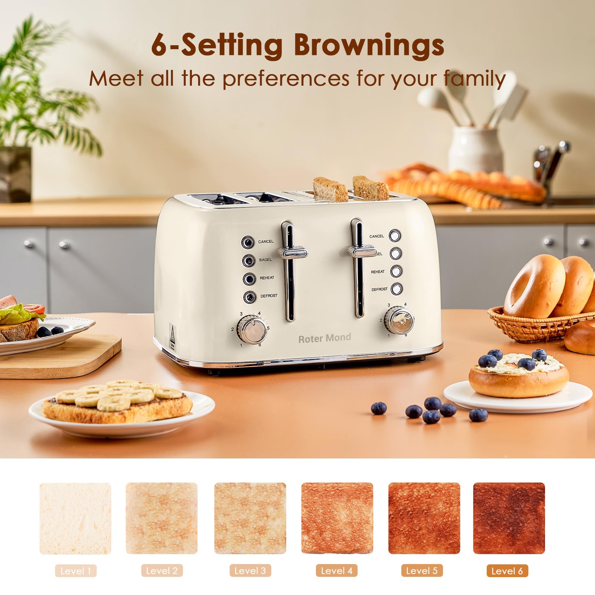 Toaster 4 Slice Retro Stainless Steel with Extra Wide Slots, Reheat Function, Dual Independent Control Panel, Removable Crumb Tray, 6 Browning Levels