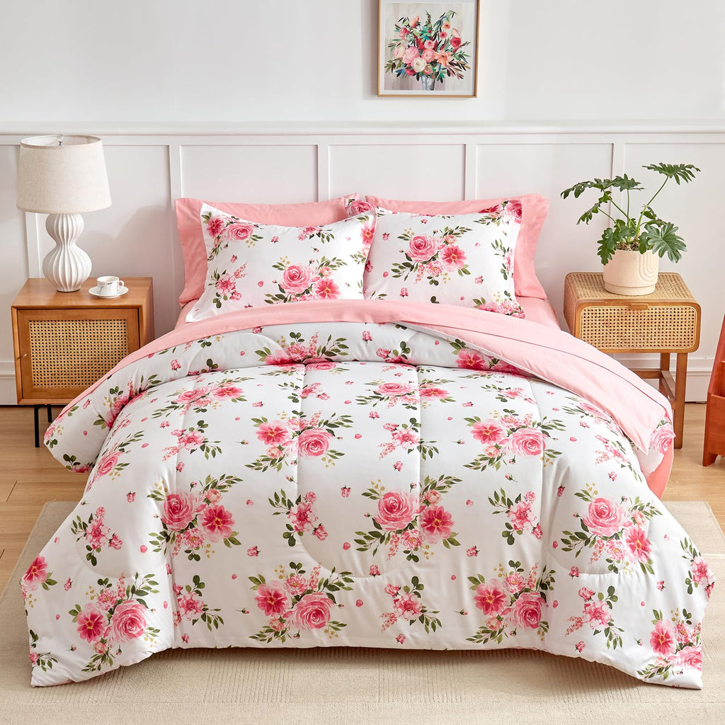 Flower Comforter Sheet Set White Bed in a Bag 7 Pieces Size Pink Floral Microfiber Bedding Set (1 Comforter 2 Pillow Shams 1 Flat Sheet 1 Fitted Sheet 2 Pillowcases)