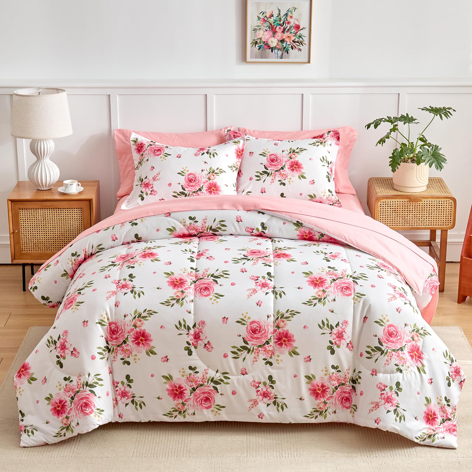 Flower Comforter Sheet Set White Bed in a Bag 7 Pieces Size Pink Floral Microfiber Bedding Set (1 Comforter 2 Pillow Shams 1 Flat Sheet 1 Fitted Sheet 2 Pillowcases)