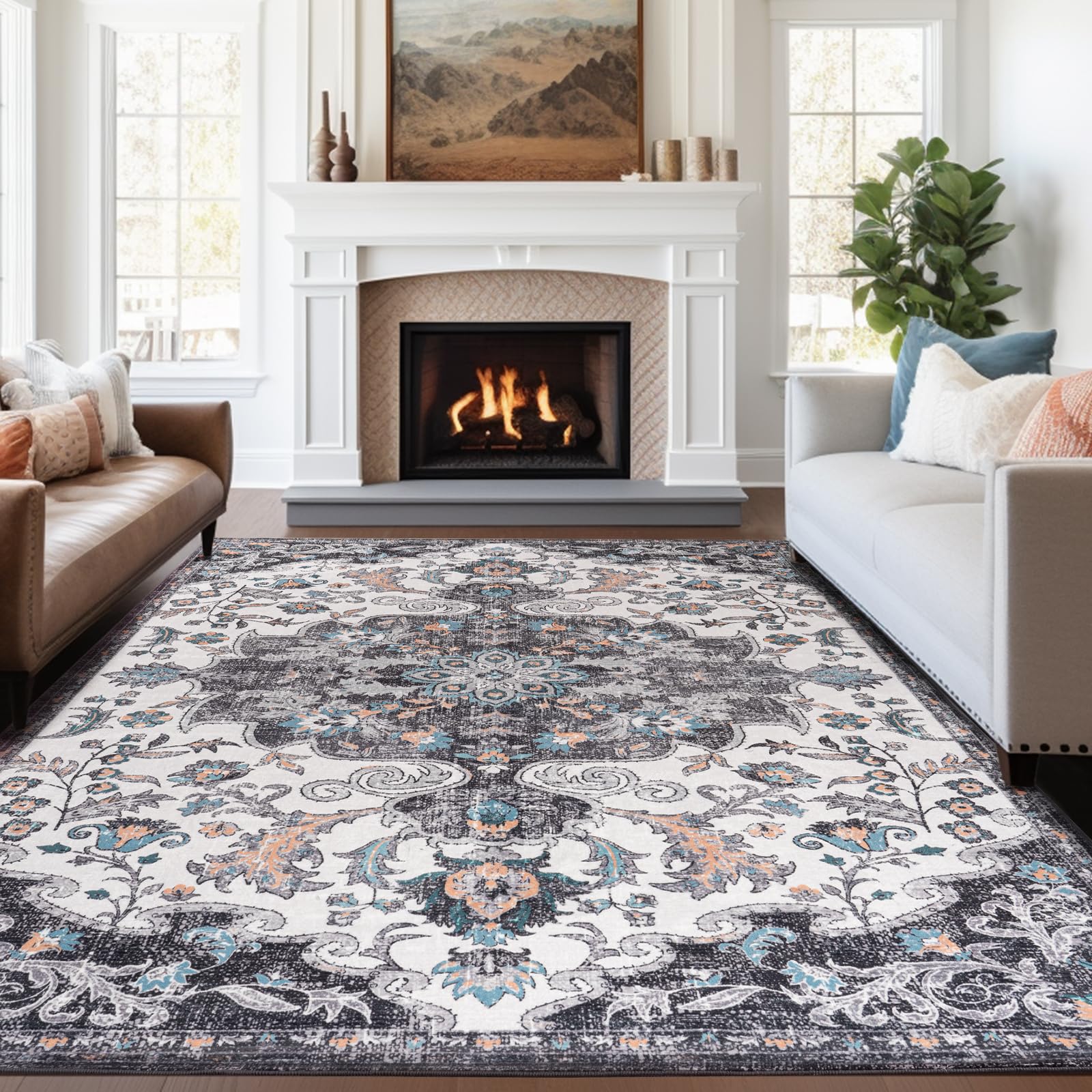 Washable Area Rugs Door Mat Entryway Vintage Floral Non-Slip Low Pile Entrance Thin Rug Carpet for Kitchen Bathroom Living Room Pink