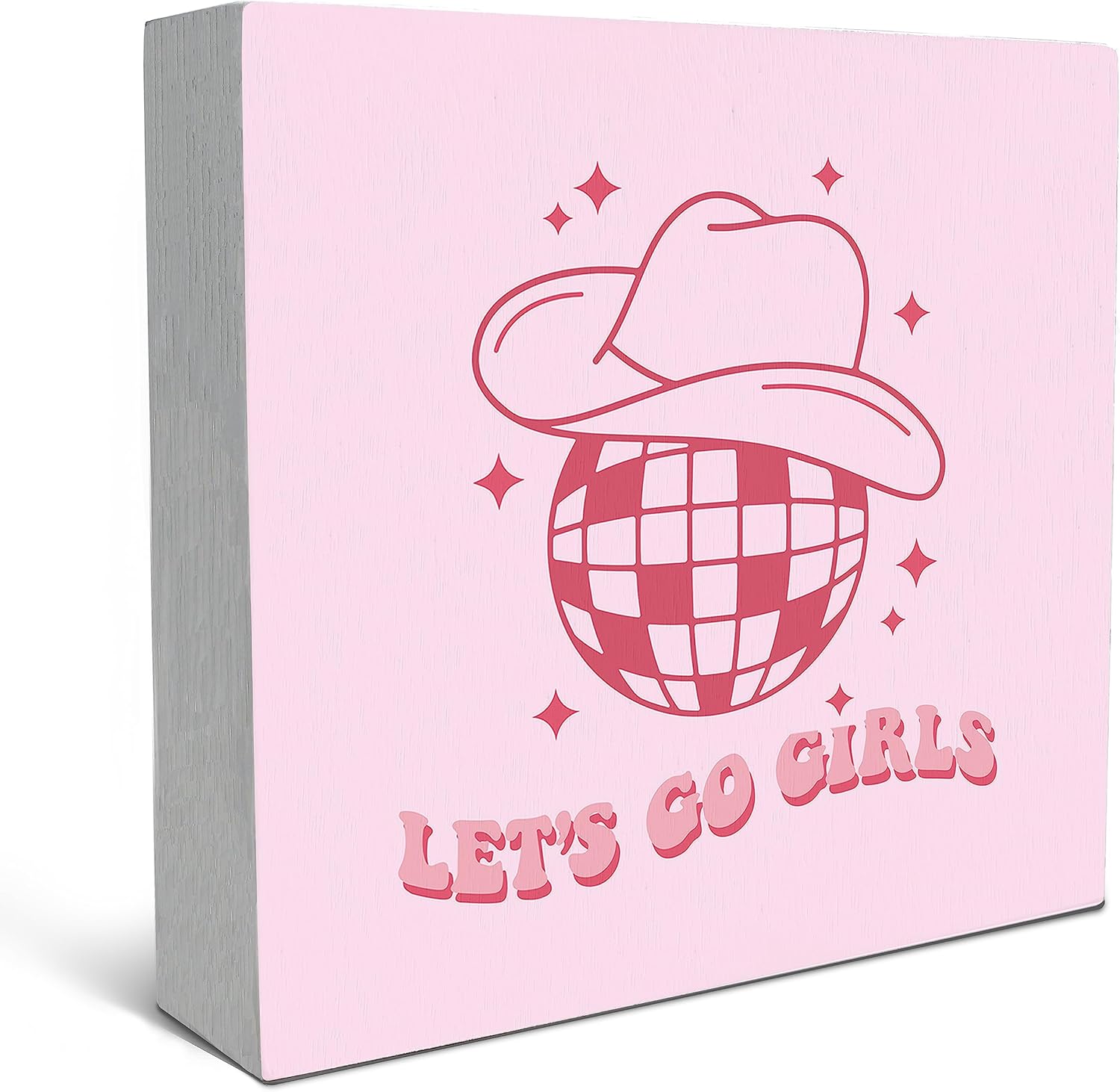 Let's Go Girls Preppy Cowgirl Hat Disco Ball Wood Box Sign Desk Decor
