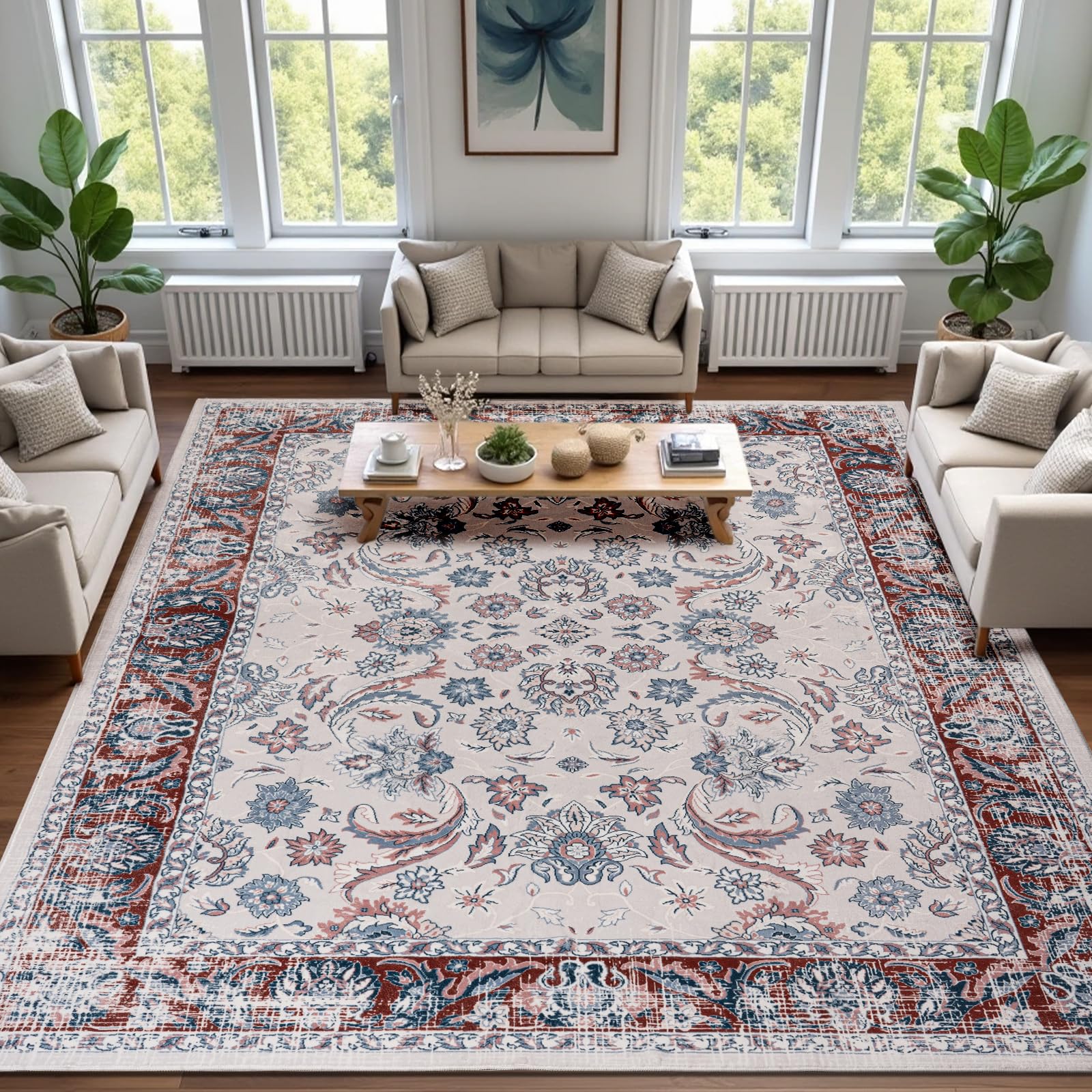 Washable Area Rugs Door Mat Entryway Vintage Floral Non-Slip Low Pile Entrance Thin Rug Carpet for Kitchen Bathroom Living Room Pink