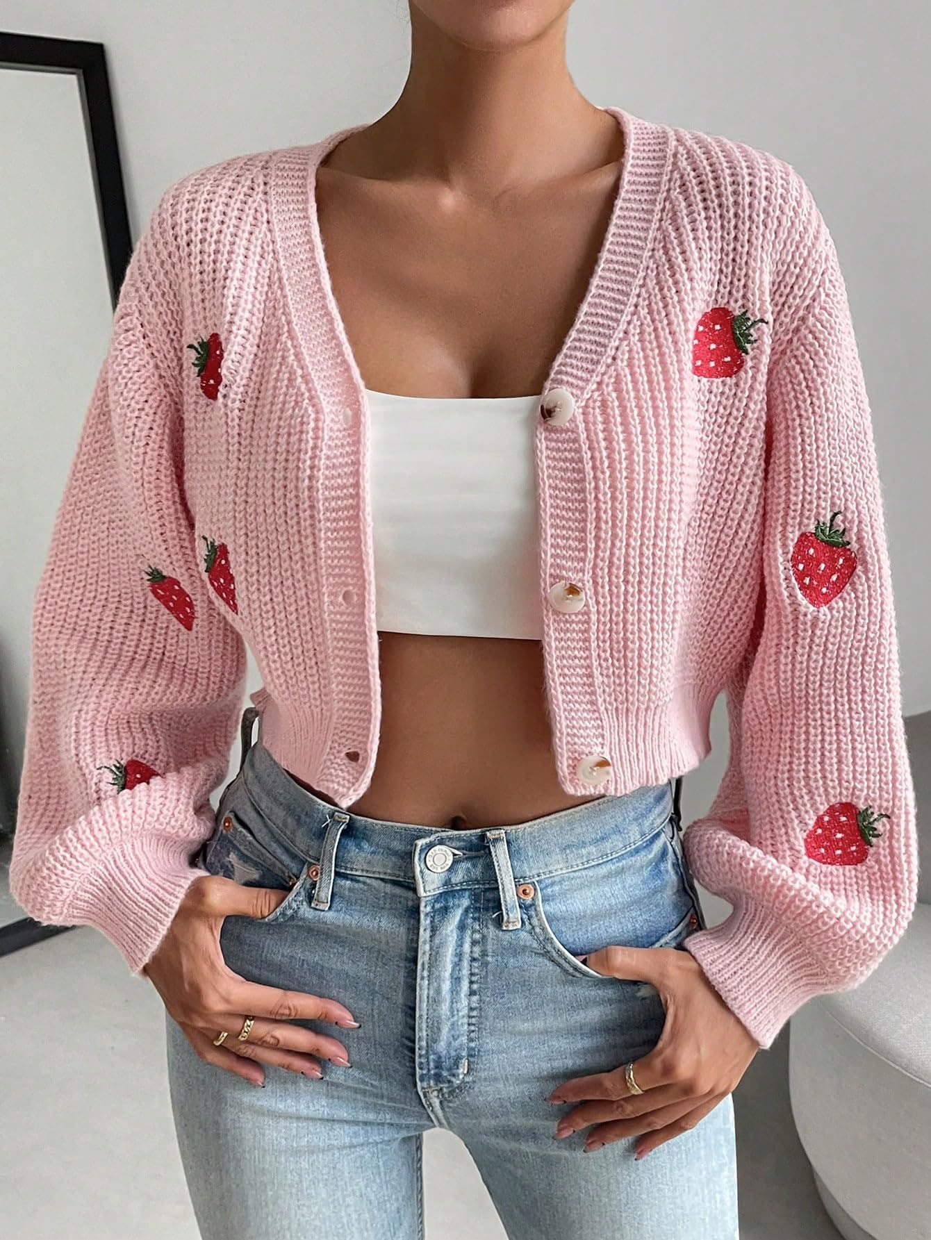 Women's Strawberry Embroidery Crop Cardigan Drop Shoulder Button Up Sweater Tops V Neck Outerwear