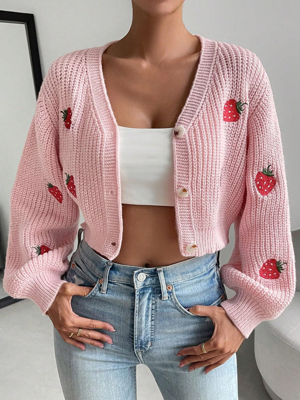 Women's Strawberry Embroidery Crop Cardigan Drop Shoulder Button Up Sweater Tops V Neck Outerwear