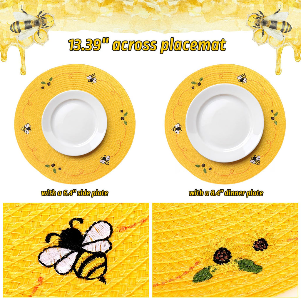 Whaline 4Pcs Round Placemats Pink Bow Embroidered Place Mats Coquette Bow Dinner Table Mats for Home Wedding Baby Shower Birthday Party Decor