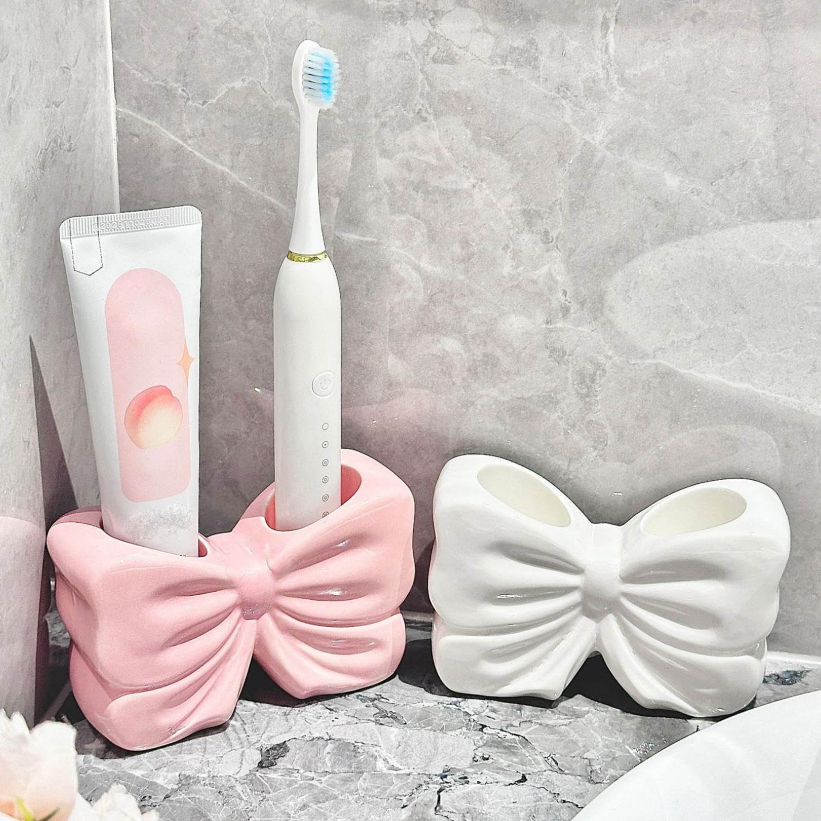 Ceramic Bowtie Toothbrush Holder - Cute 2 Slots Toothbrush Holder Accessories for Bathroom Bow Decor Portable Quick Dry