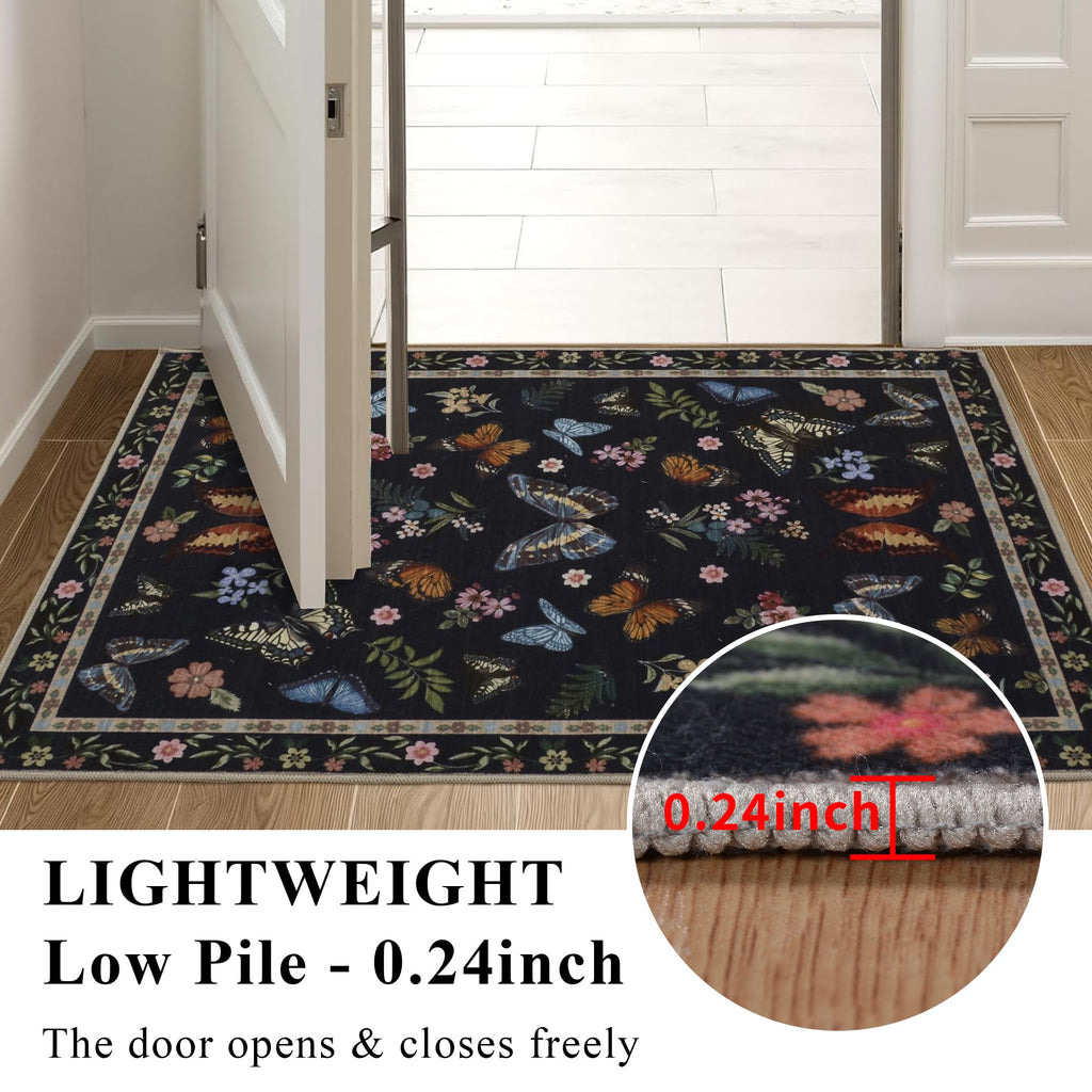 Insect Floral Area Rug, Machine Washable Area Rug Non-Slip Low Pile Large Bedroom Rug Stain Resistant Throw Rug Carpet