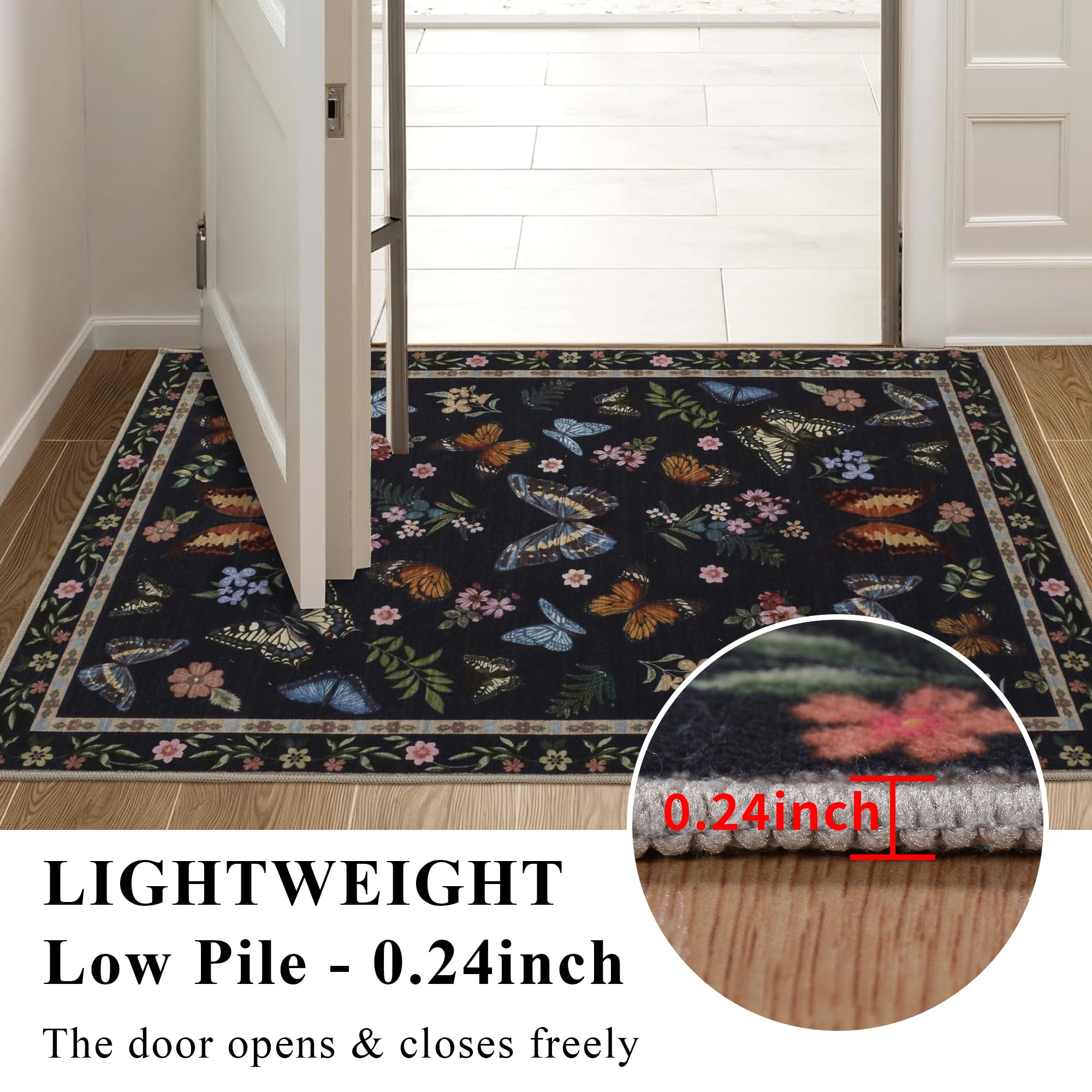 Insect Floral Area Rug, Machine Washable Area Rug Non-Slip Low Pile Large Bedroom Rug Stain Resistant Throw Rug Carpet
