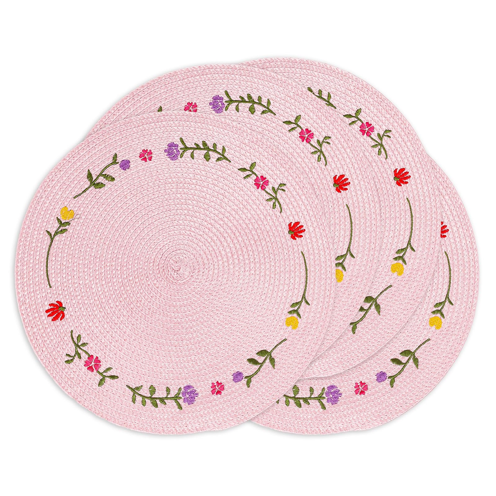 Whaline 4Pcs Round Placemats Pink Bow Embroidered Place Mats Coquette Bow Dinner Table Mats for Home Wedding Baby Shower Birthday Party Decor