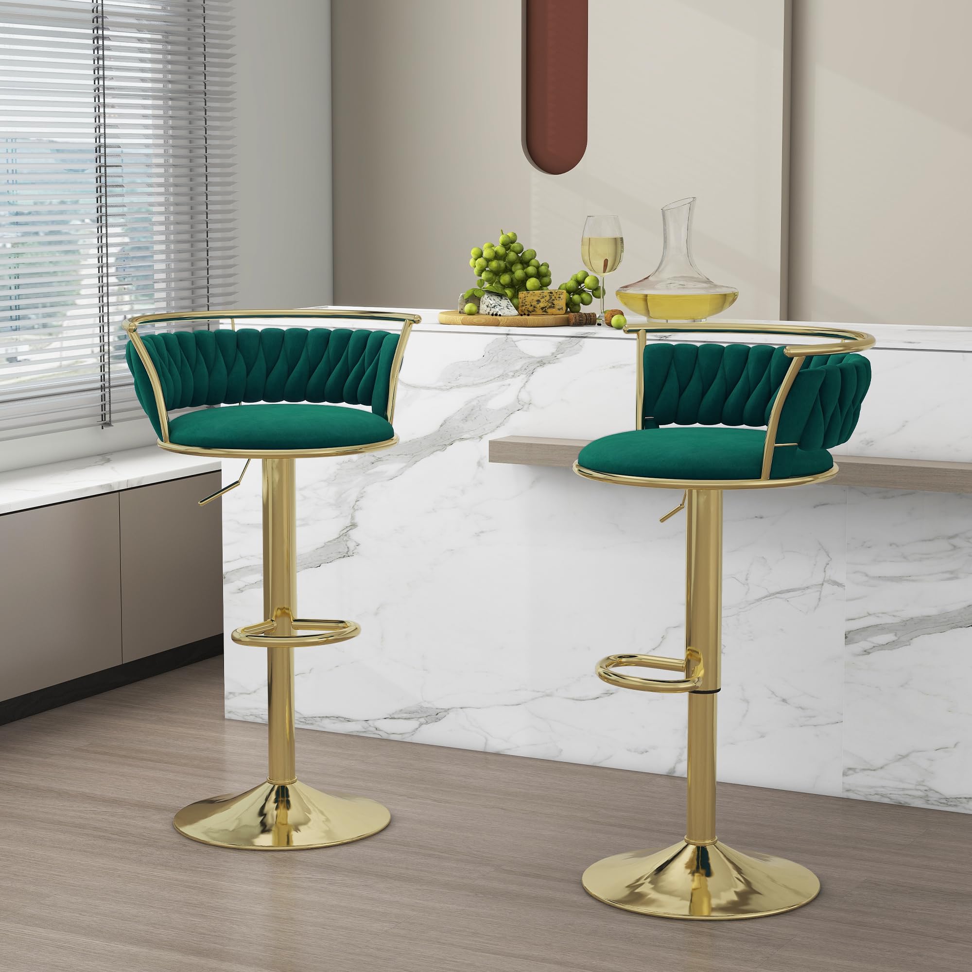 Velvet Swivel Bar Stools, Adjustable Counter Height Bar Chairs with Low Back & Footrest, Modern Gold Bar Stools for Kitchen Island, Bar Pub