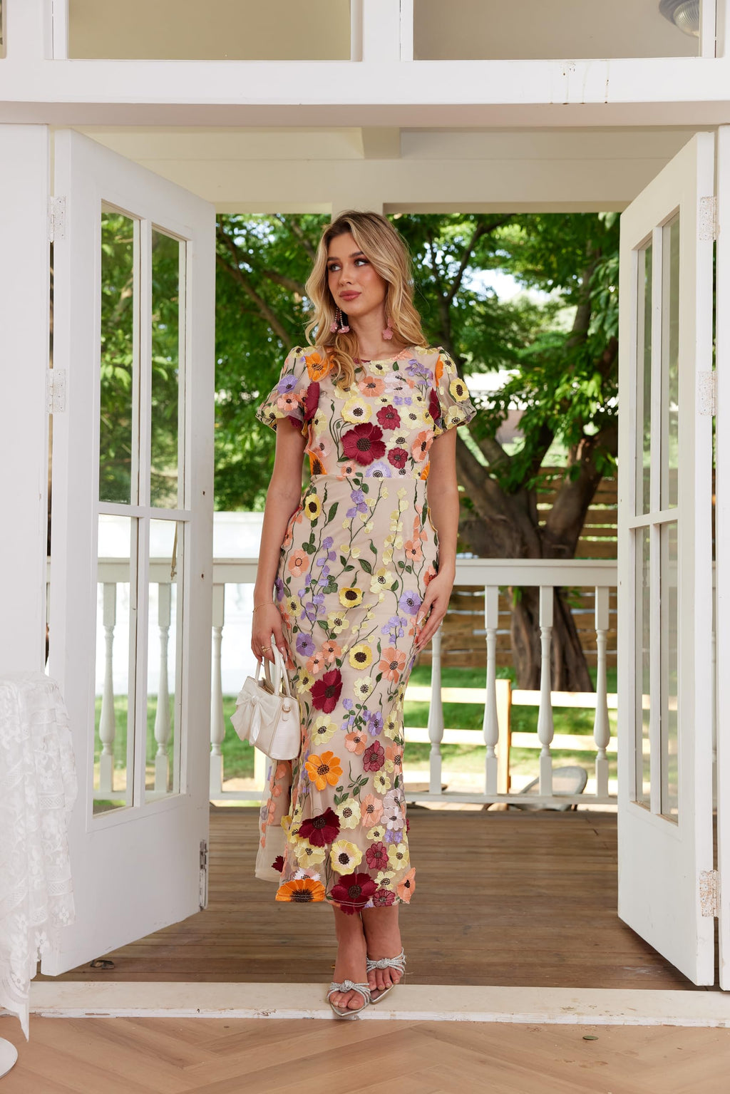 Women's 3D Floral Embroidery Dress Ruffle Sleeve Fishtail Lace Bodycon Party Cocktail Mixi Dress