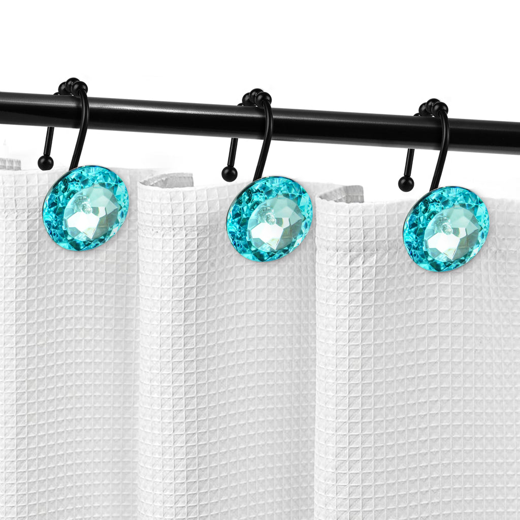 Luxury Design Round Diamond Crystal Gem Bling with Glide Balls Shower Curtain Hooks, Rust Proof Metal Rhinestones Glam Shower Curtain Rings-12 Pack
