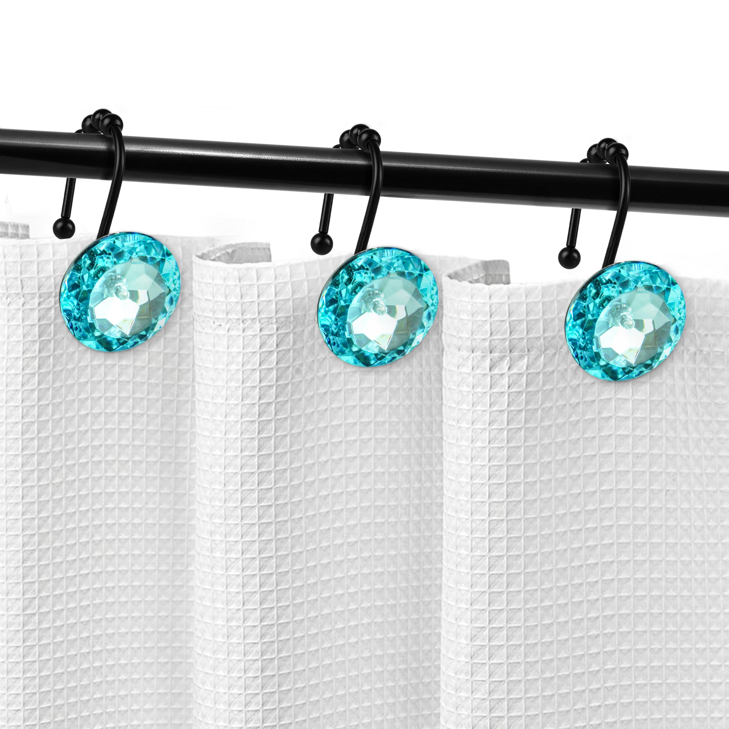 Luxury Design Round Diamond Crystal Gem Bling with Glide Balls Shower Curtain Hooks, Rust Proof Metal Rhinestones Glam Shower Curtain Rings-12 Pack
