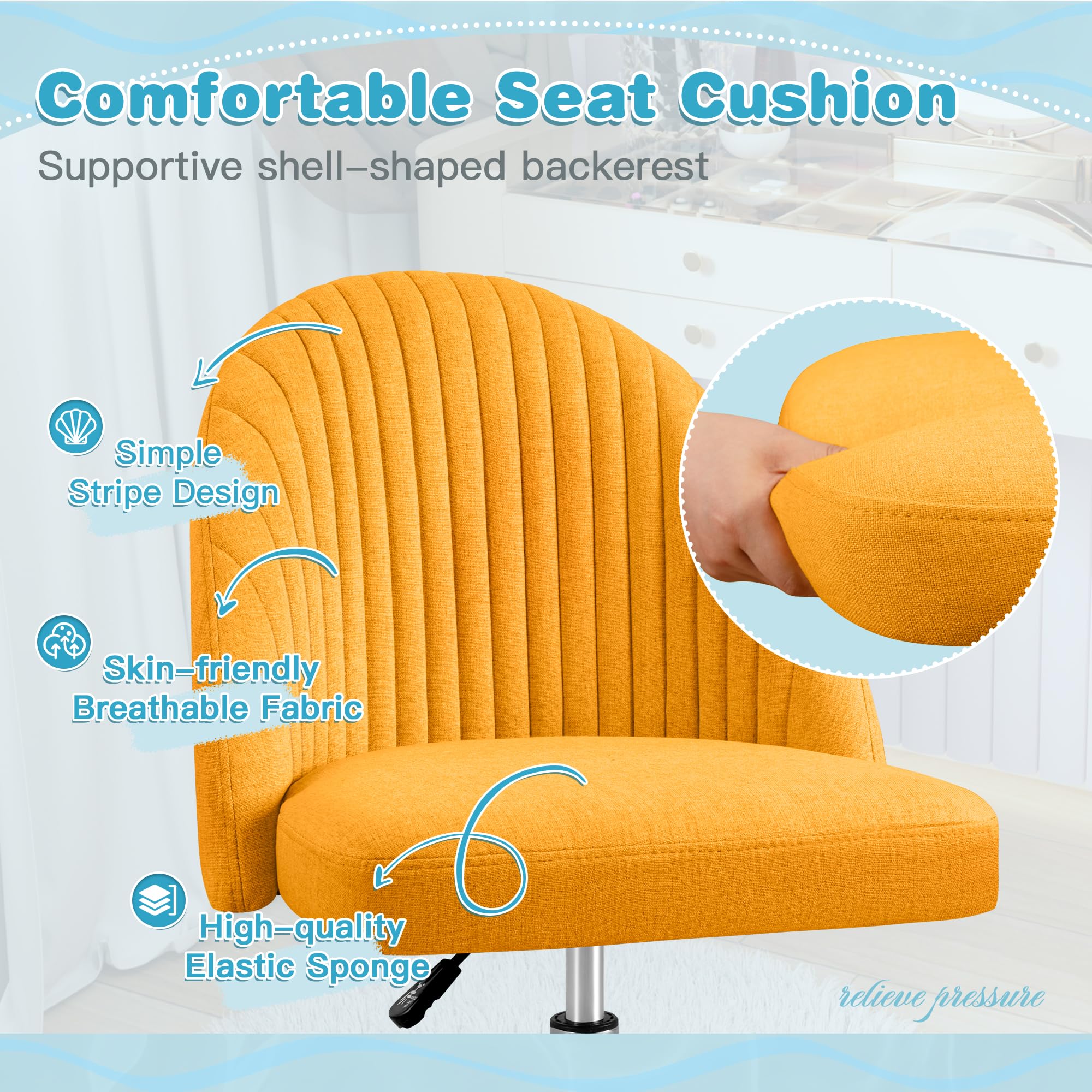 Modern Armless Cute Adjustable Swivel Padded Fabric Vanity Chair with Wheels