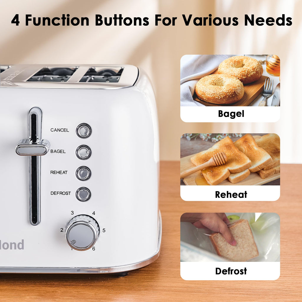 Toaster 4 Slice Retro Stainless Steel with Extra Wide Slots, Reheat Function, Dual Independent Control Panel, Removable Crumb Tray, 6 Browning Levels