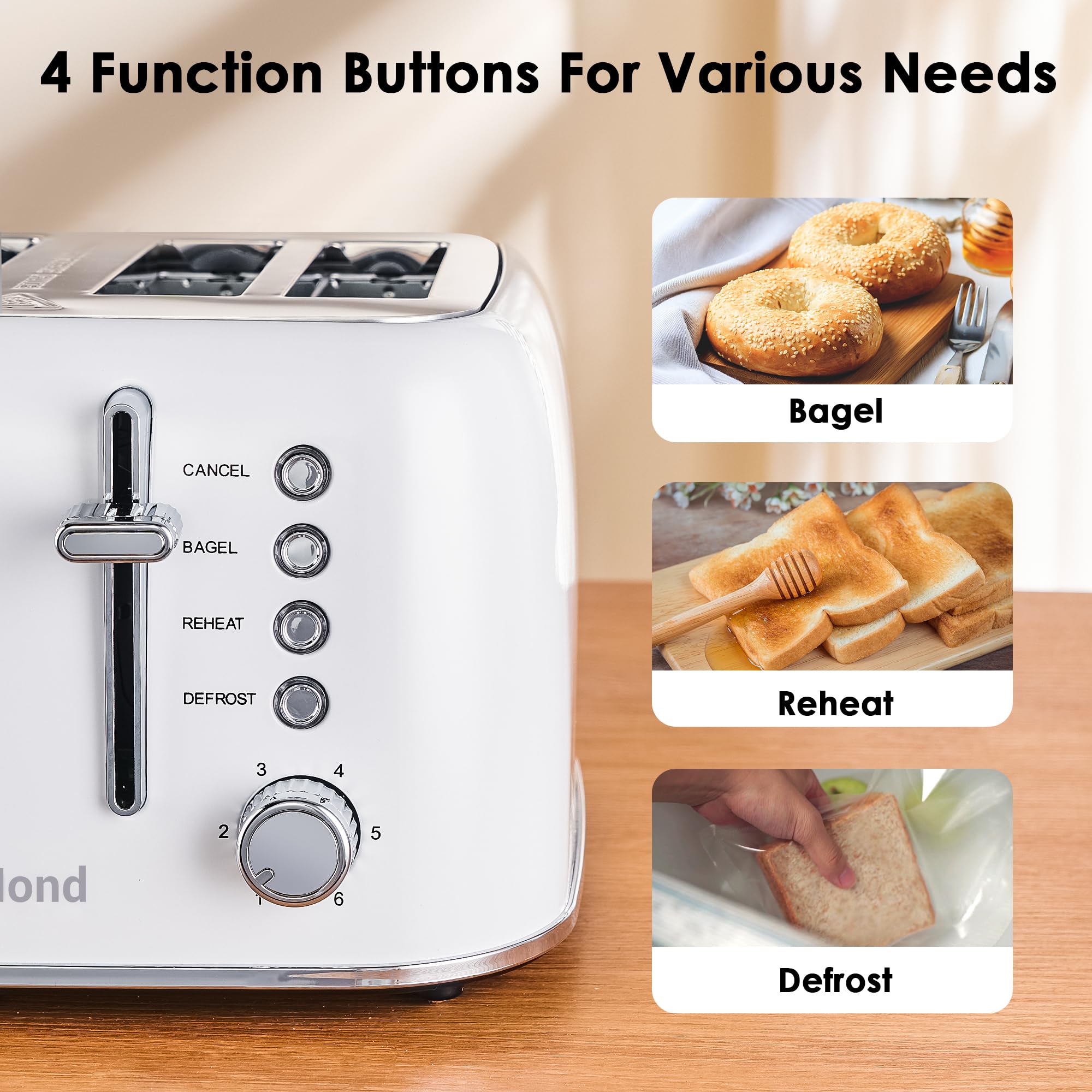 Toaster 4 Slice Retro Stainless Steel with Extra Wide Slots, Reheat Function, Dual Independent Control Panel, Removable Crumb Tray, 6 Browning Levels