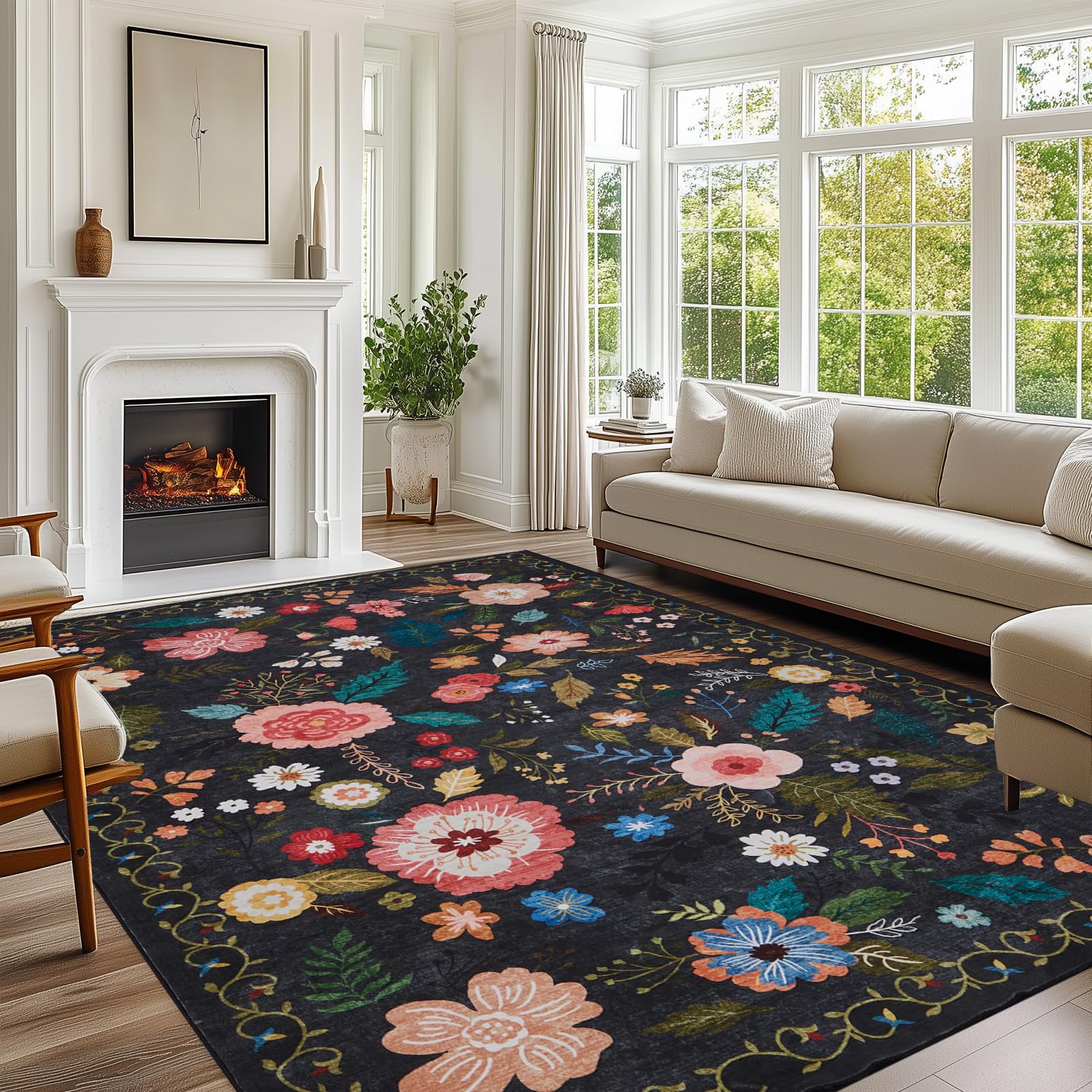 Boho Floral Vintage Rug for Home Washable Rugs Soft Low Pile, Non Slip Non-Shedding
