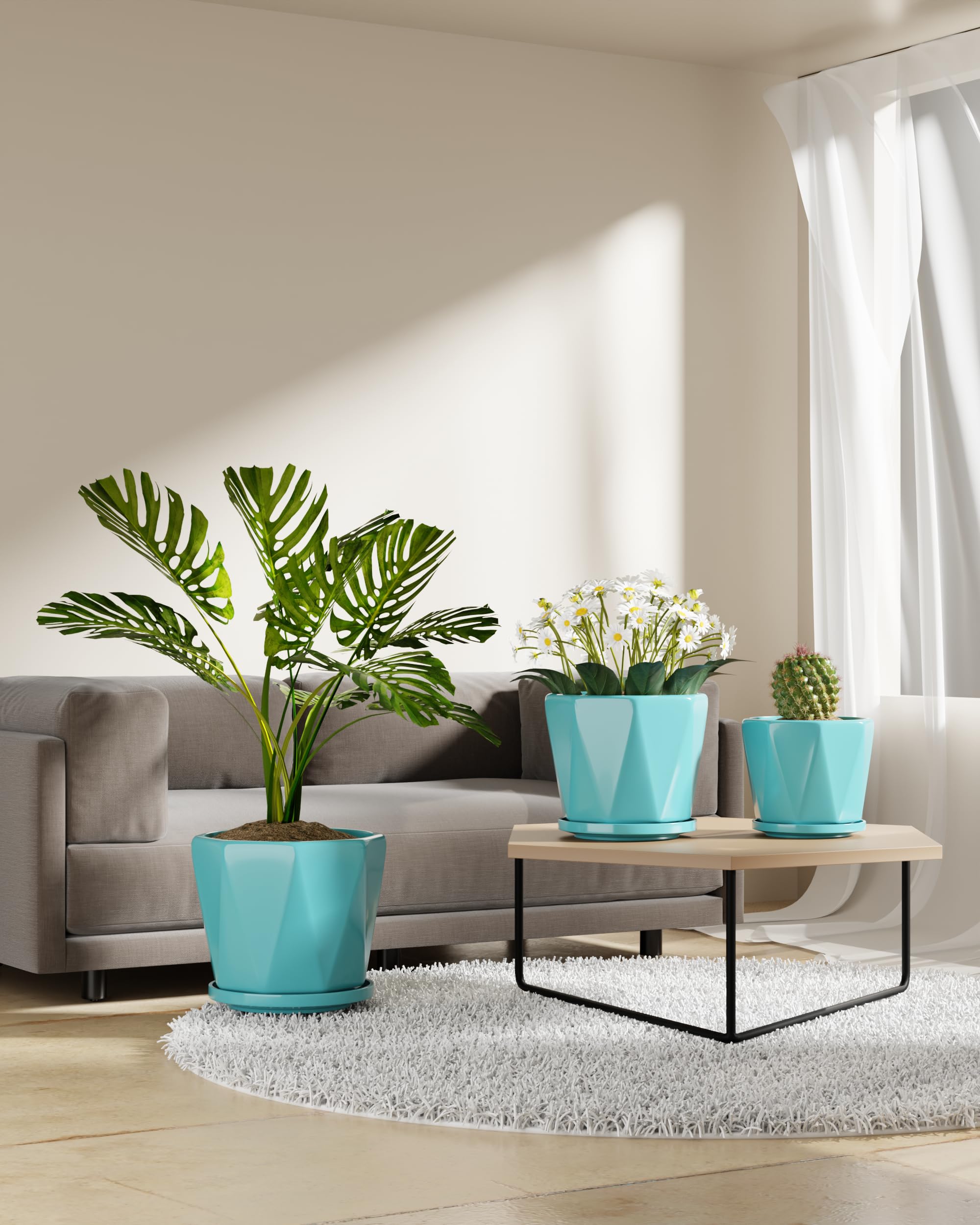 Ceramic Plant Pots Indoor, 8.6+7.1+5.5 Inch Planters with Drainage Holes and Saucers Set of 3 Large Flower Pots