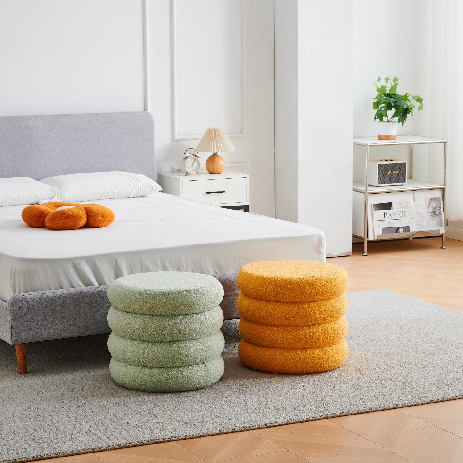 Round Storage Ottoman, Modern Sherpa Footstool with Flip-Top