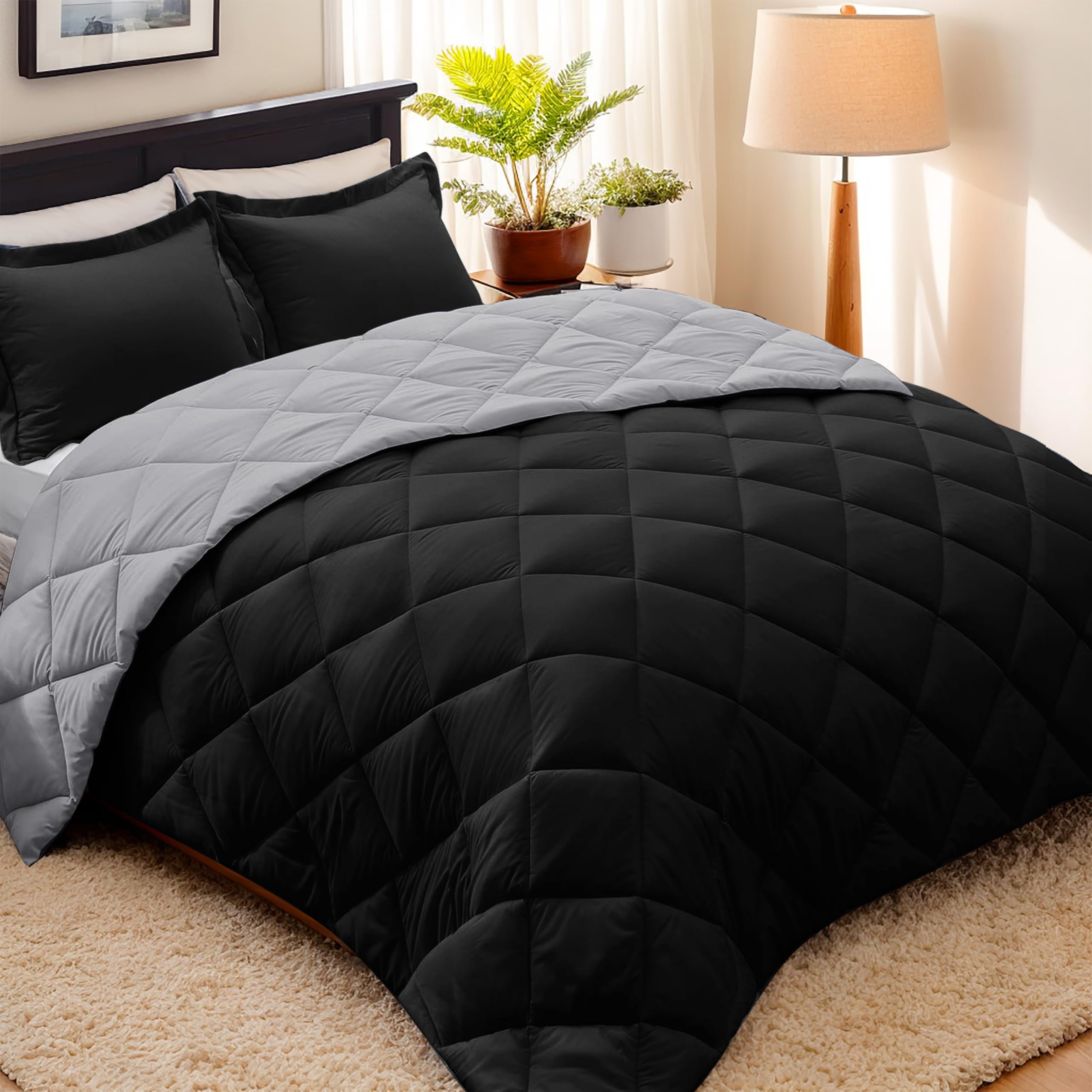 Reversible Down Alternative Comforter with Two Shams - Quilted Duvet Insert with Corner Tabs - Box Stitched Blanket - Super Soft, Fluffy
