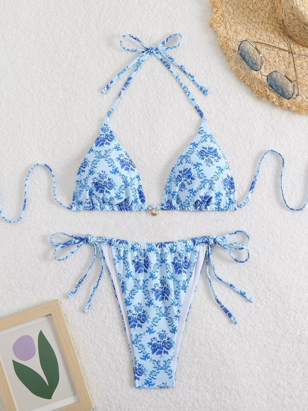 Women's Ditsy Floral Print Bathing Suit High Waisted Halter All Over Swimsuit Bikini Set