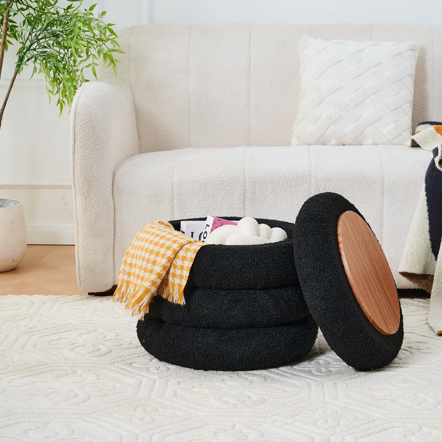 Round Storage Ottoman, Modern Sherpa Footstool with Flip-Top