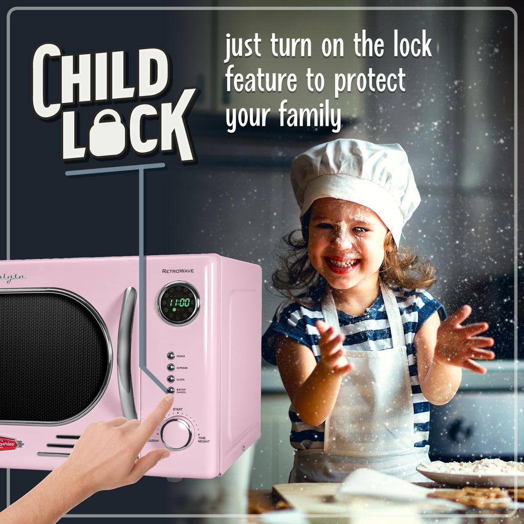 Nostalgia Retro Compact Countertop Microwave Oven 0.7 Cu. Ft. -700-Watts with LED Digital Display-Child Lock-Easy Clean Interior-Pink