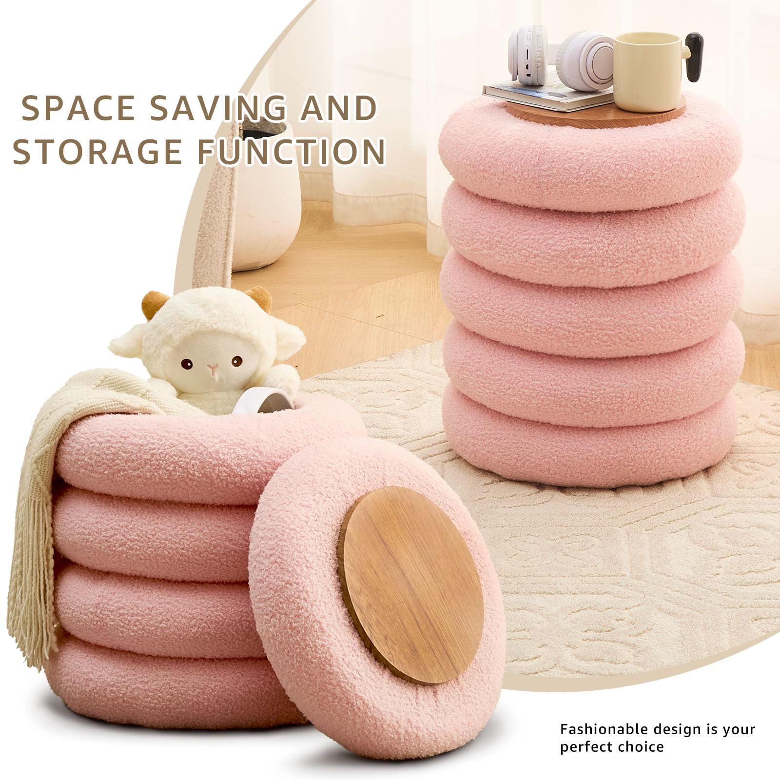 Round Storage Ottoman, Modern Sherpa Footstool with Flip-Top