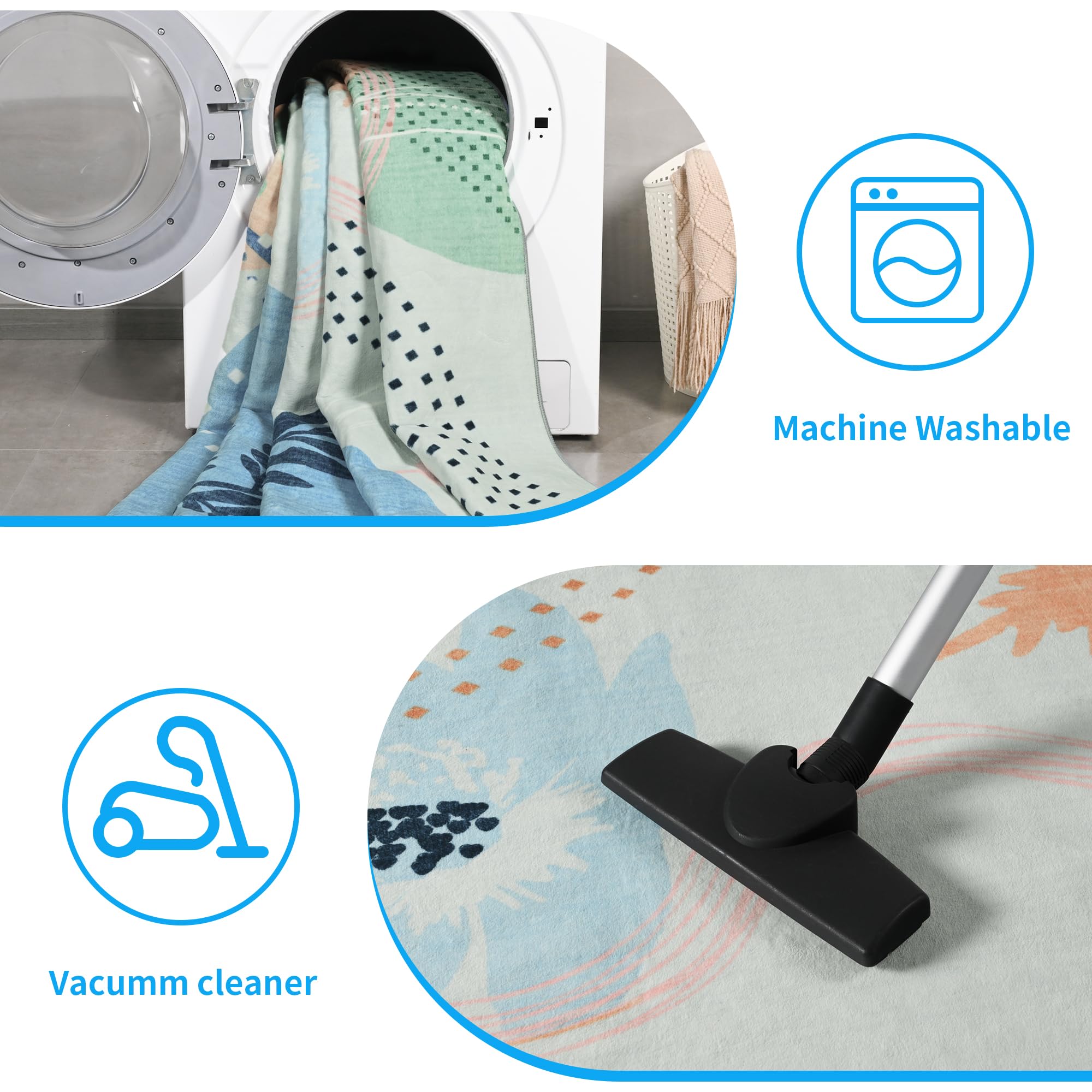 Faux Wool Boho Floral Area Rug Abstract Print Soft Carpet, TPR Non-Slip Backing, Machine Washable Low Pile Rug